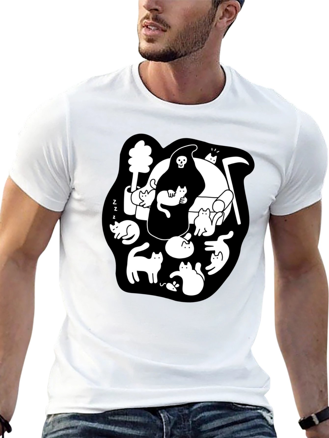 Grim Reaper & Cats Graphic Black T-Shirt