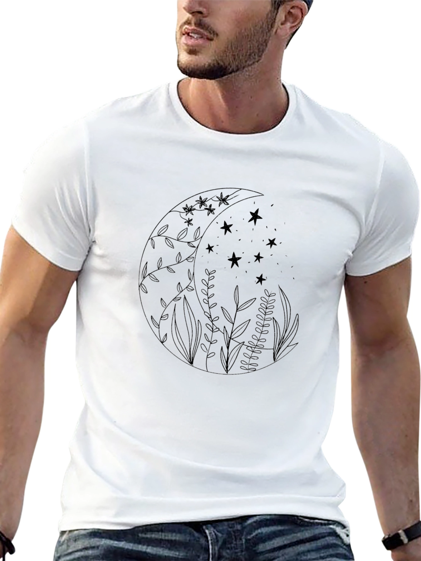 Mens Black T-Shirt with Moon & Star Graphic