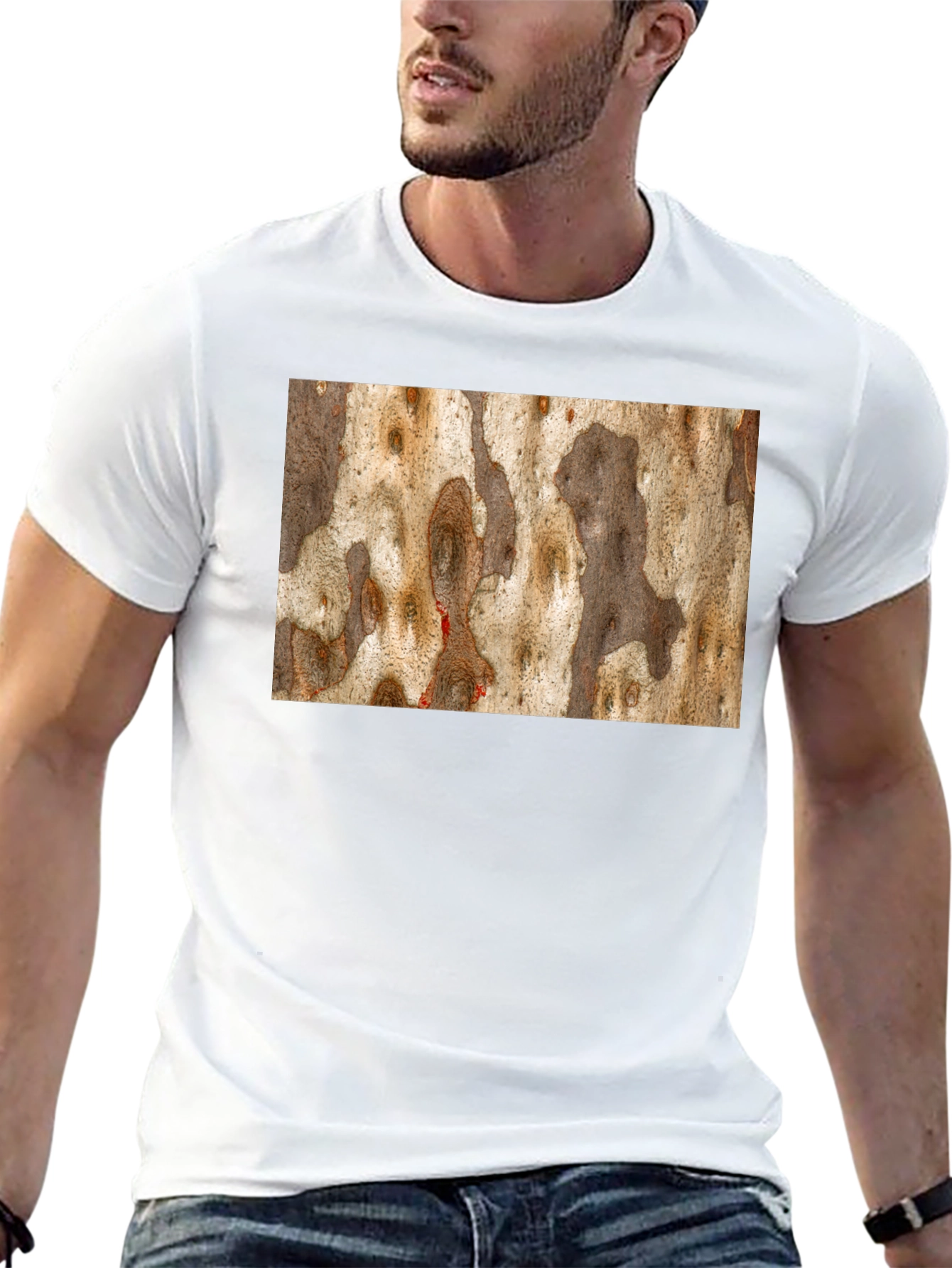 Unique Tree Bark Print Black T-Shirt