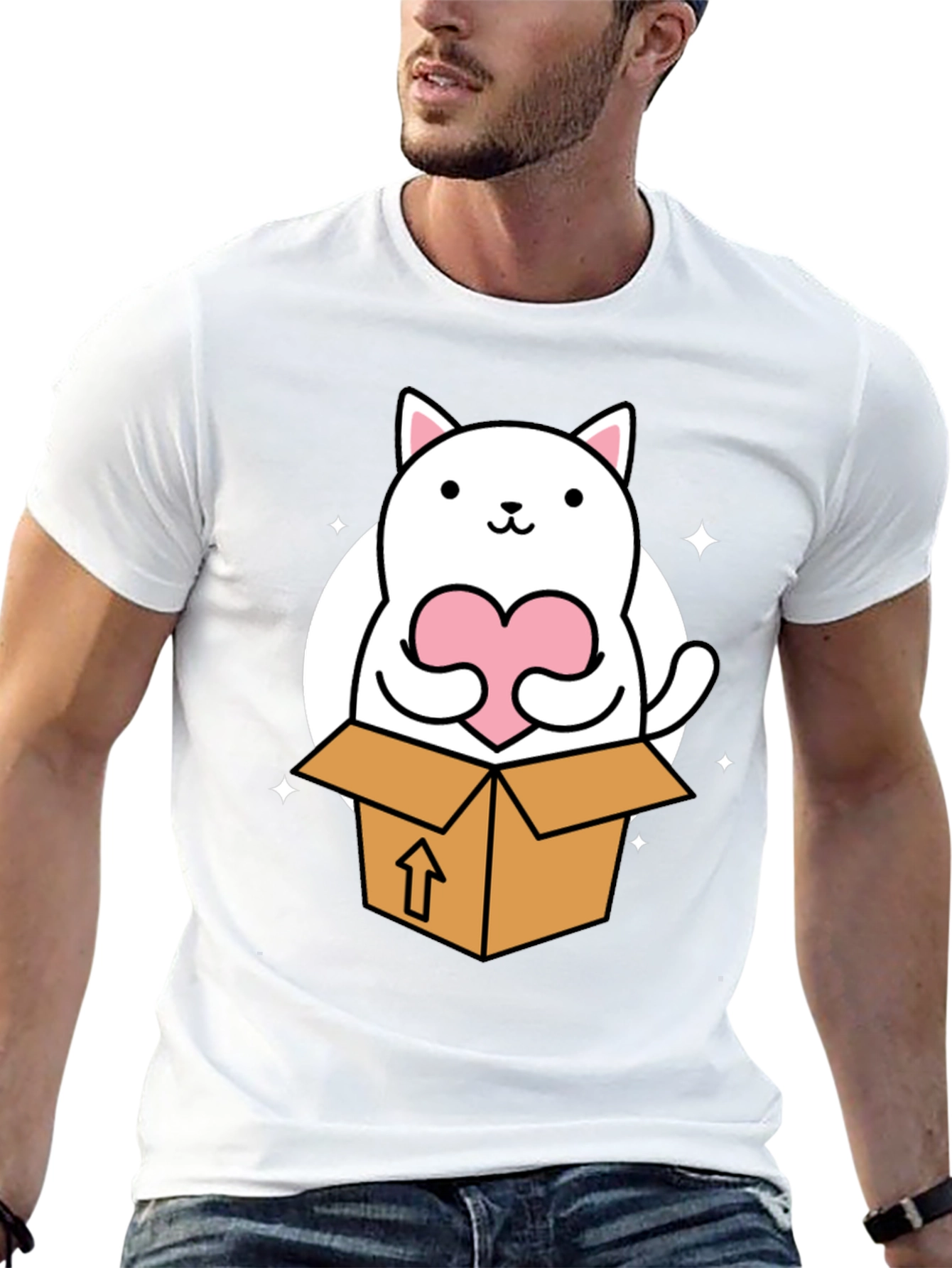 Cute Cat in Box Holding Heart T-Shirt