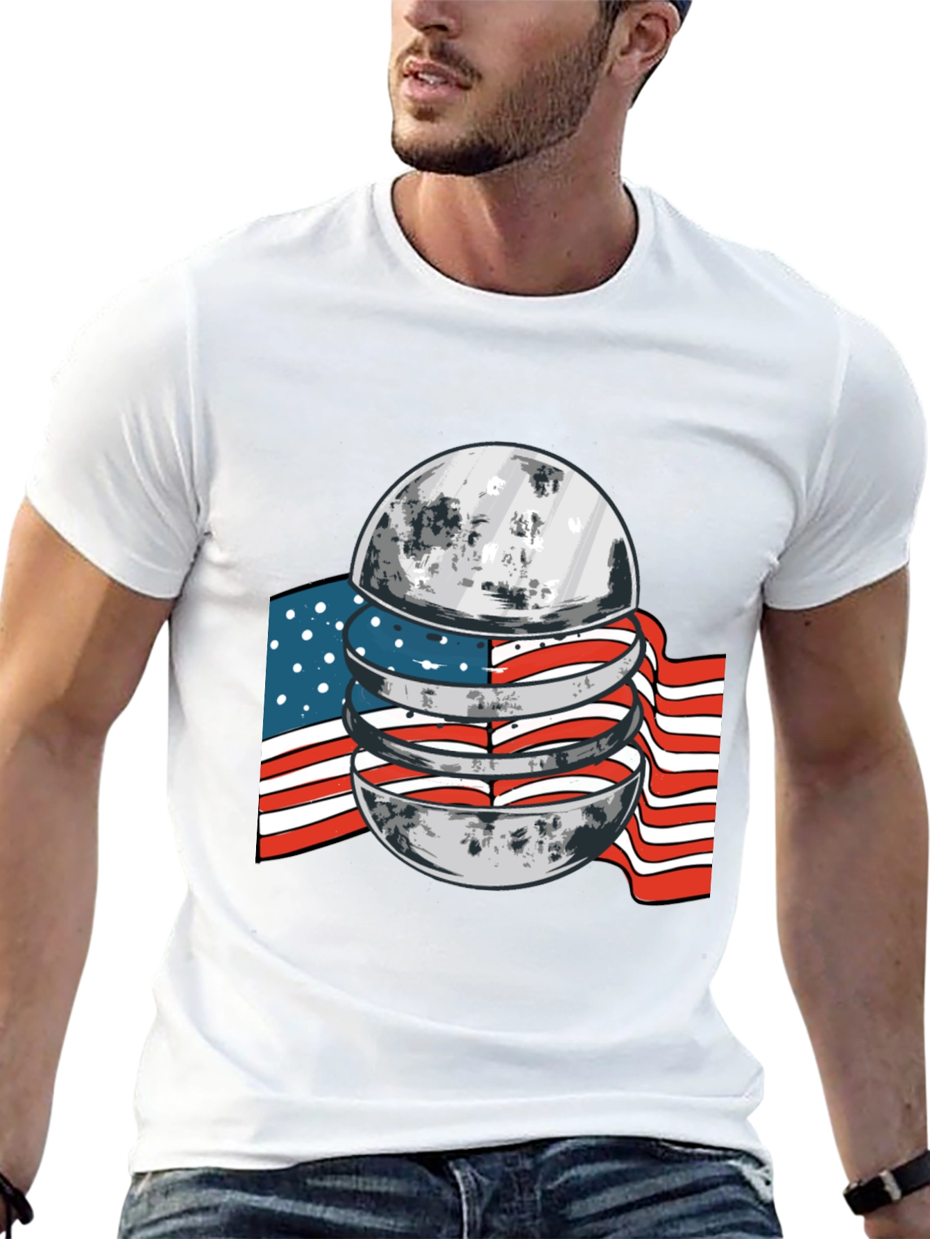 American Flag Moon Graphic Black T-Shirt