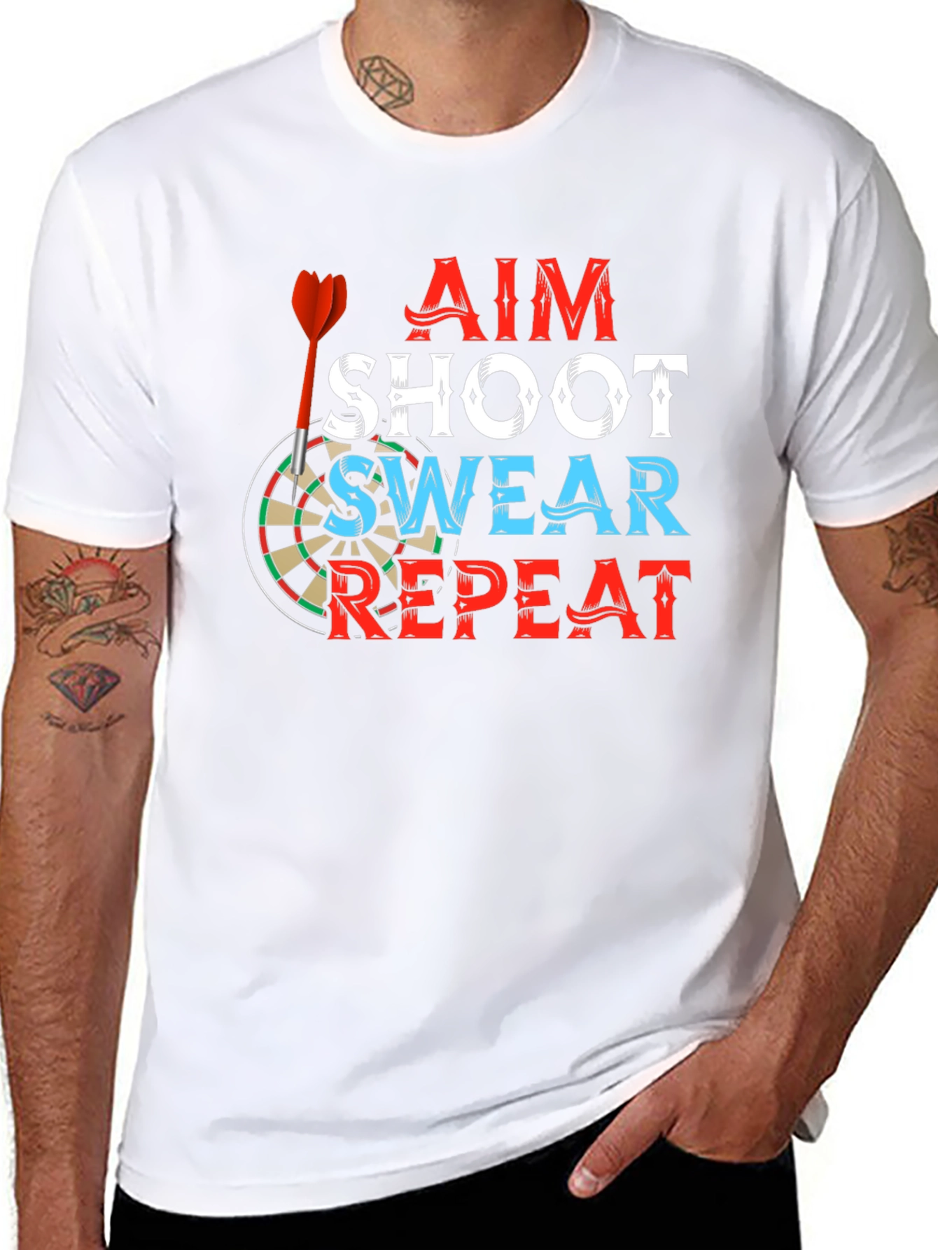 Aim Shoot Swear Repeat T-Shirt Darts Game Tee