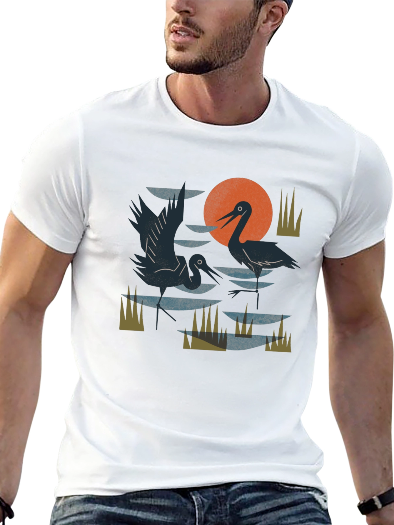 Heron Sunset Graphic Tee - Unisex Cotton T-Shirt