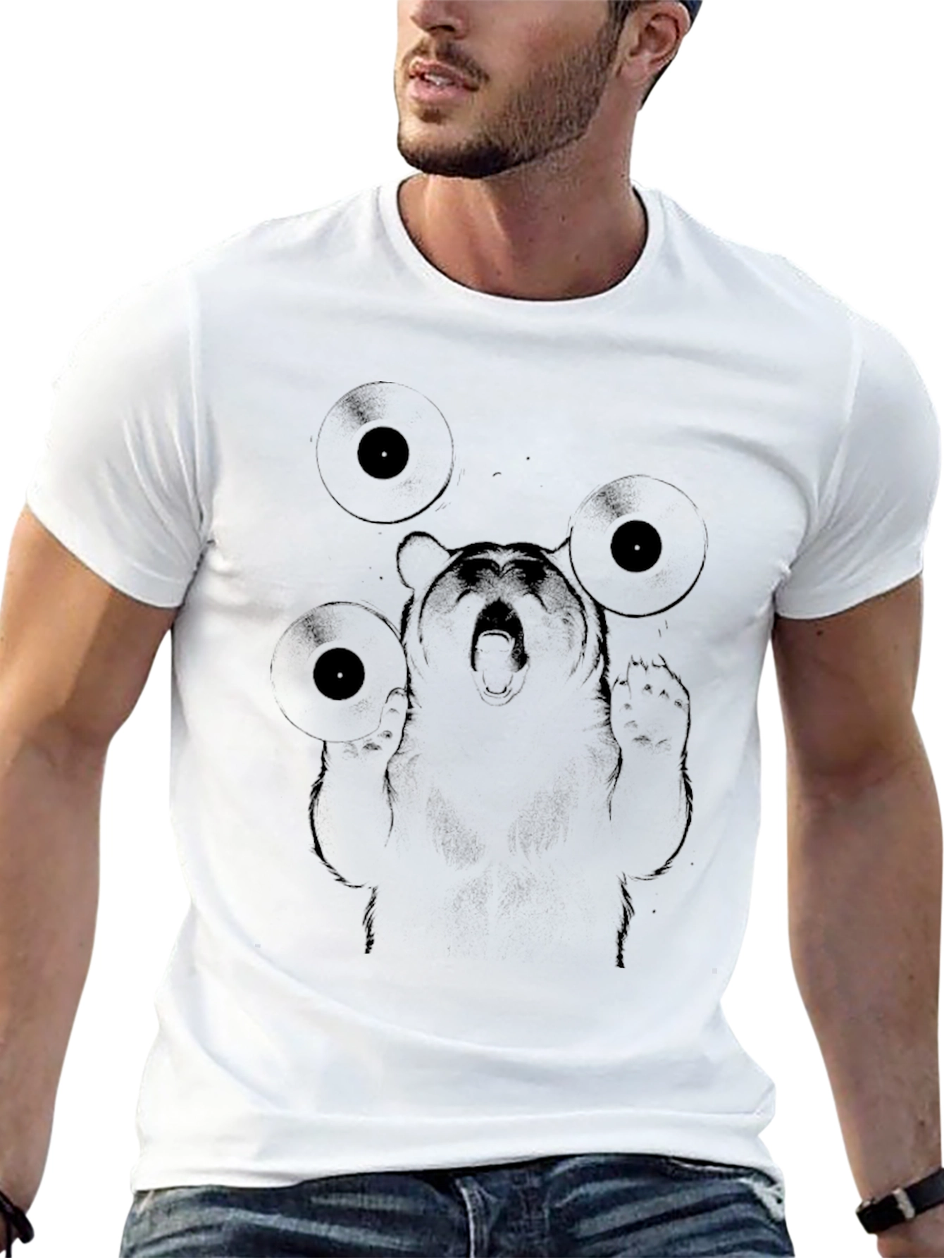 DJ Bear Graphic Tee - Black Cotton Blend T-Shirt