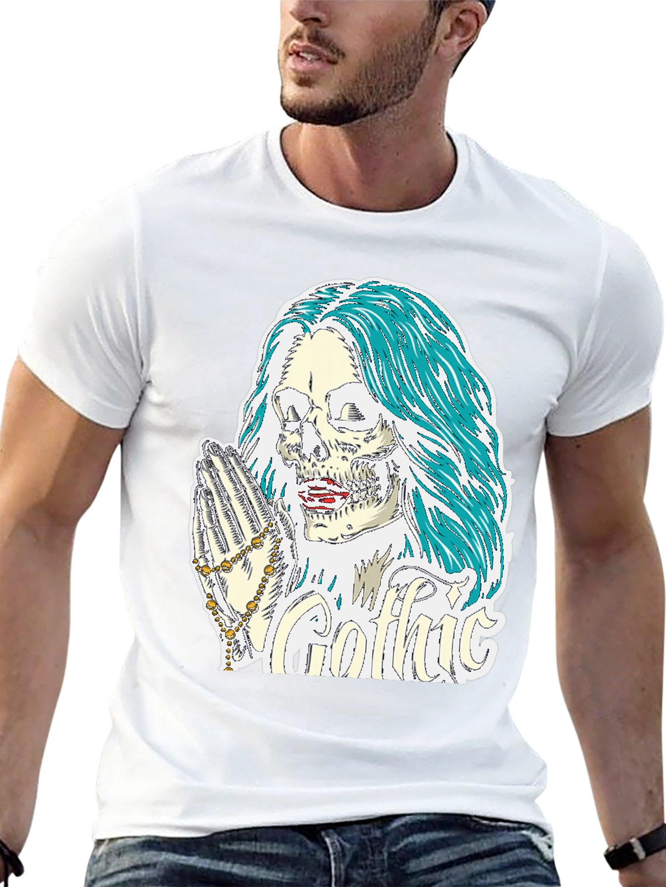 Gothic Skull Graphic Tee - Praying Skeleton