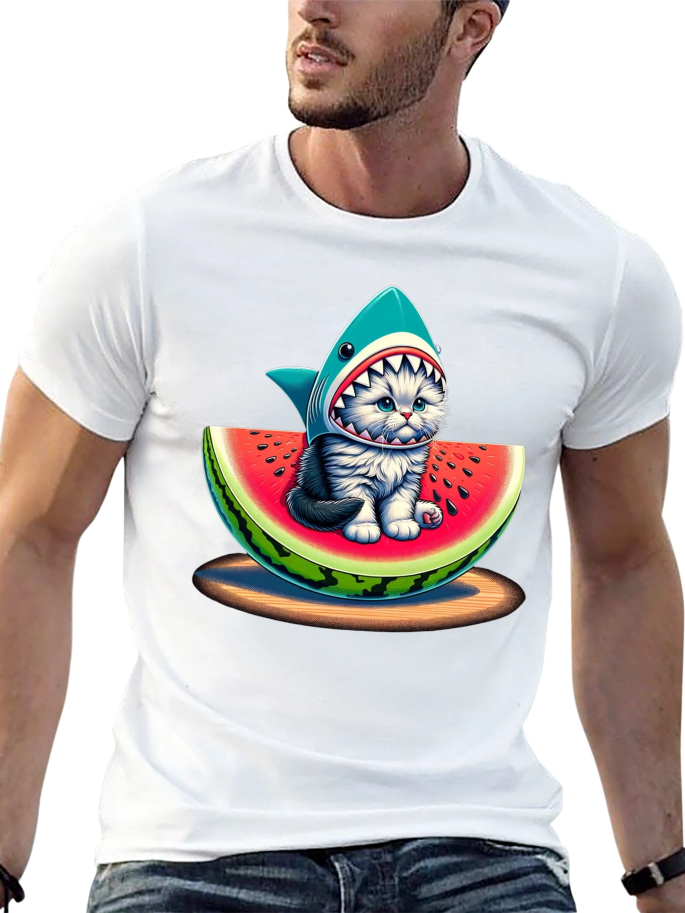 Shark Cat Watermelon Graphic T-Shirt