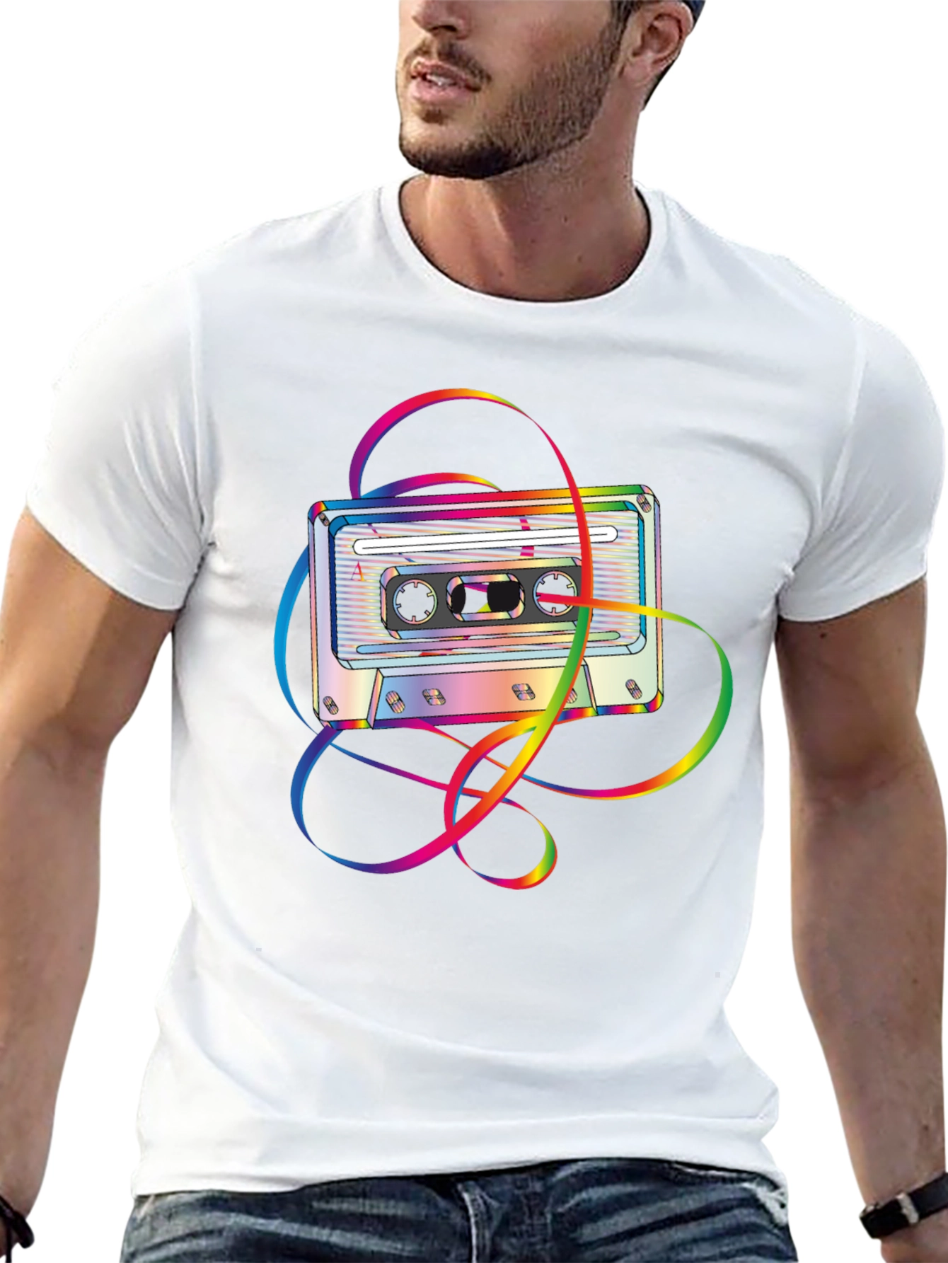 Retro Rainbow Cassette Tape Graphic Tee - Black