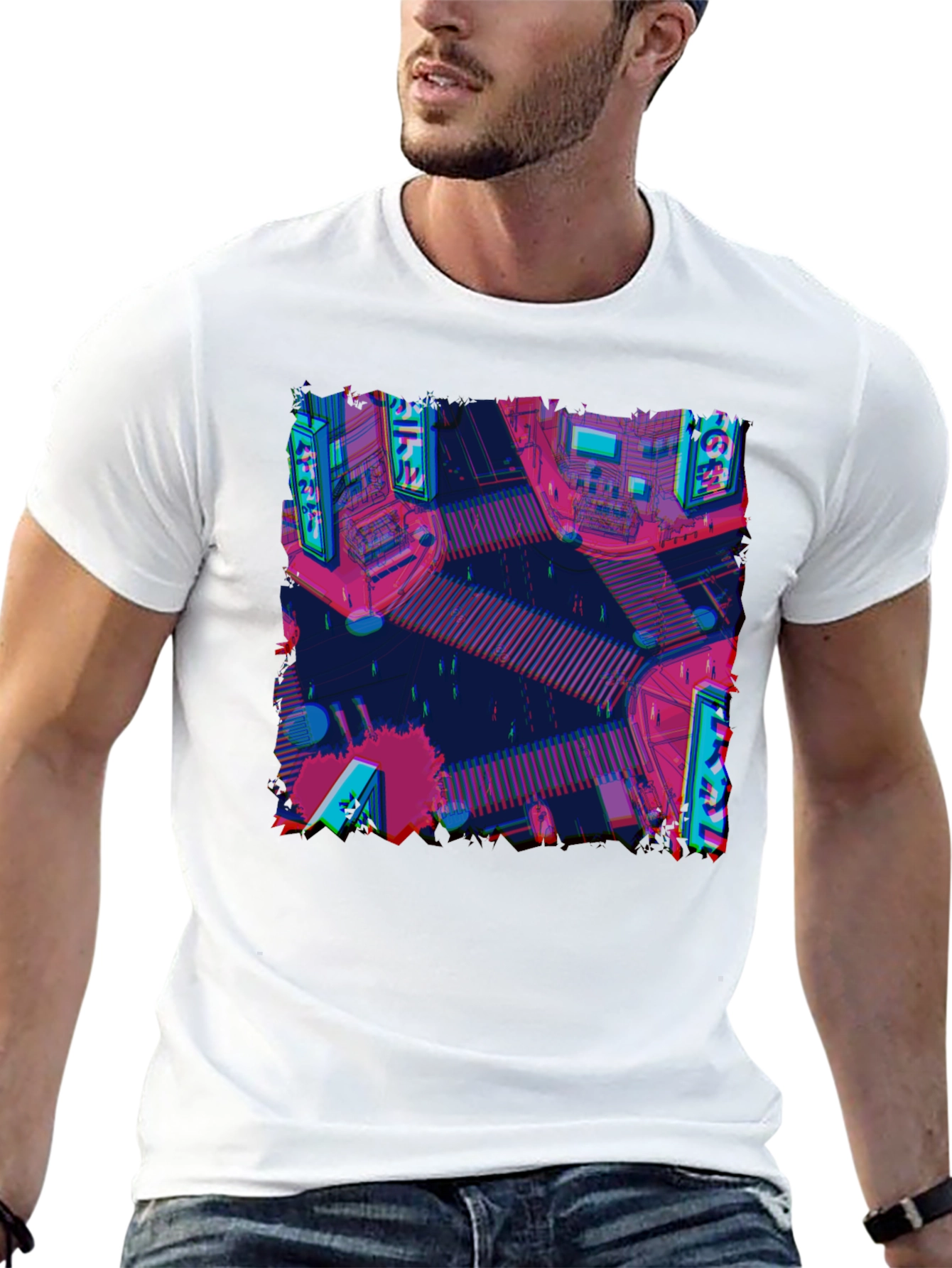 Retro Cityscape Tee - Glitch Art Style