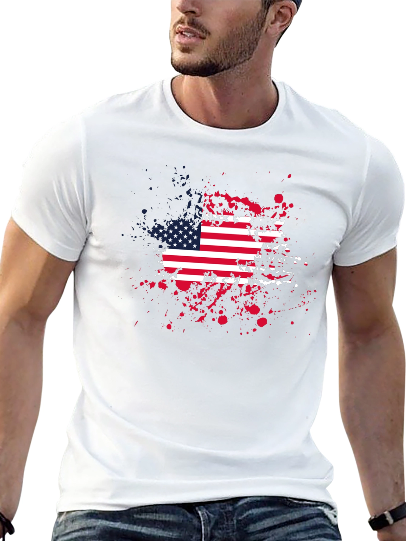 American Flag Splatter Print Black T-Shirt