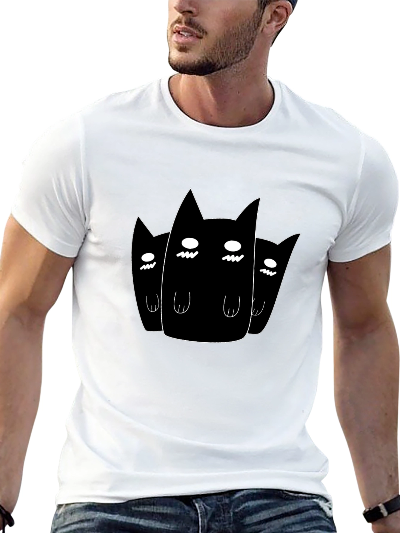 Black T-Shirt with Three Cartoon Cats Design