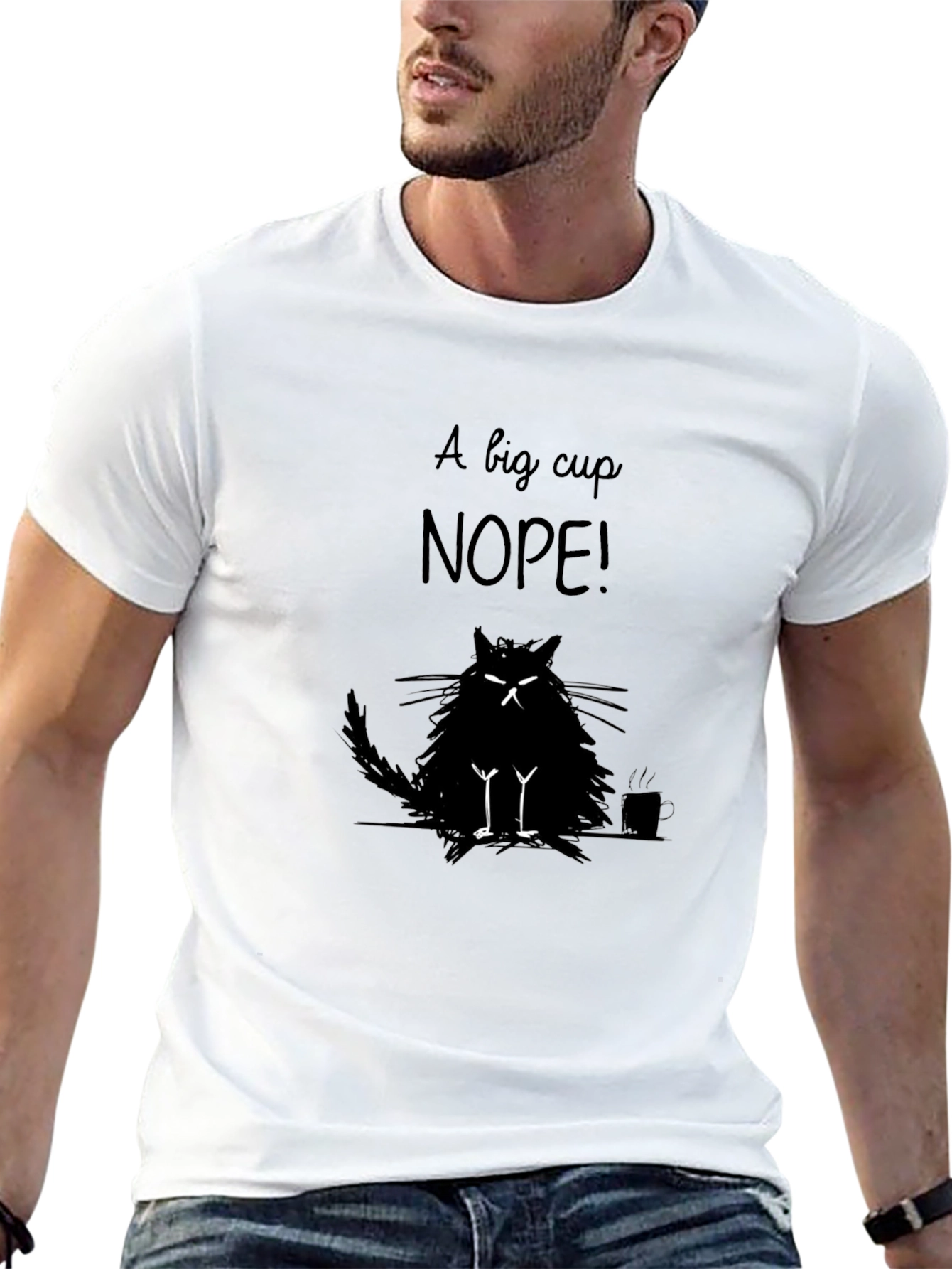 Funny Cat Nope! Graphic Print Mens Black T-Shirt