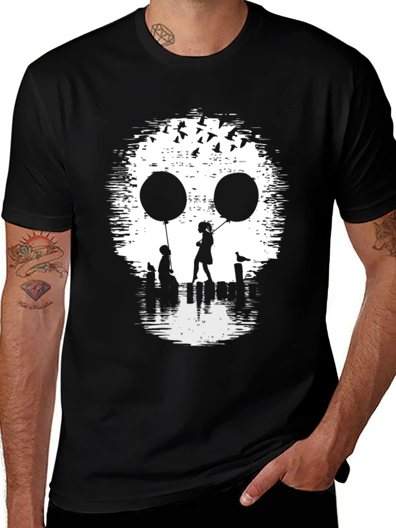 Skull Silhouette Balloon Graphic Tee - Black