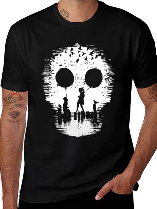 Skull Silhouette Balloon Graphic Tee - Black