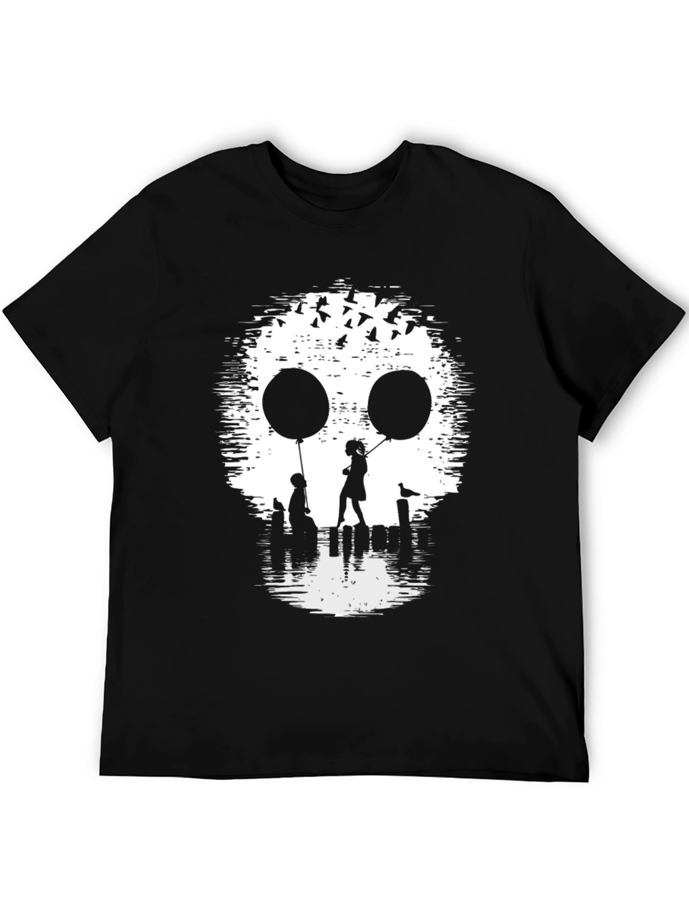 Skull Silhouette Balloon Graphic Tee - Black