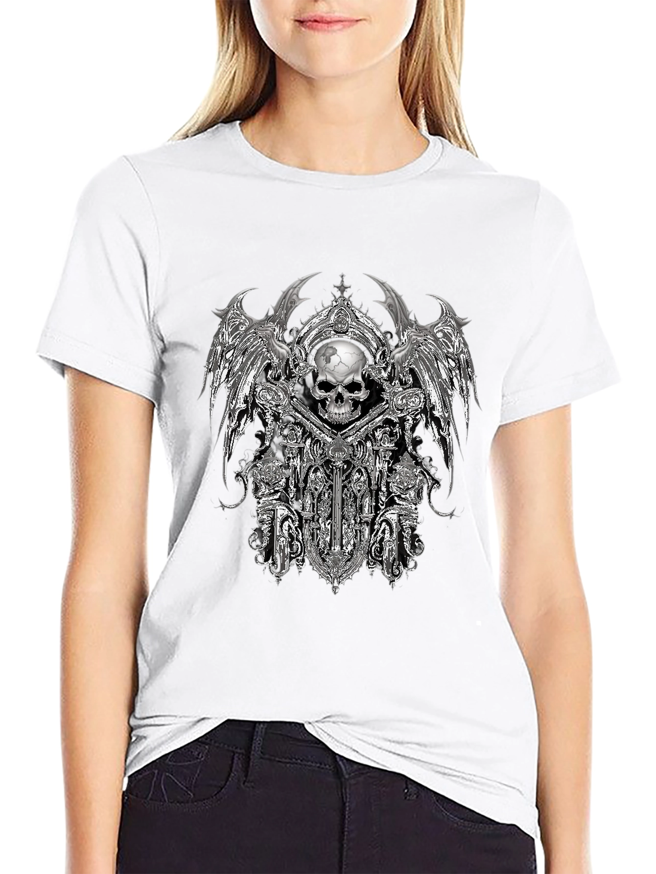 Gothic Skull & Wings Graphic Tee - Black