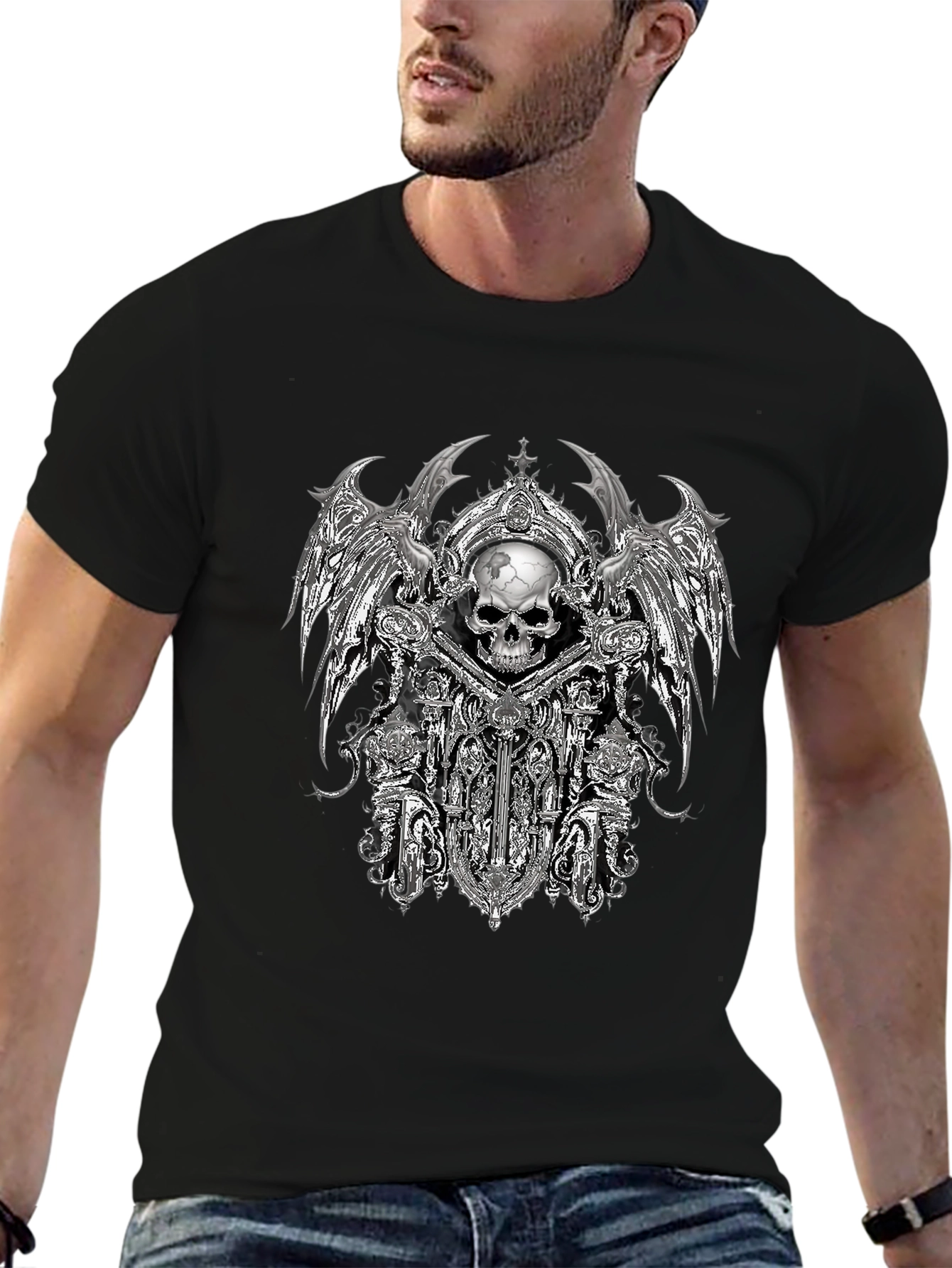 Gothic Skull & Wings Graphic Tee - Black