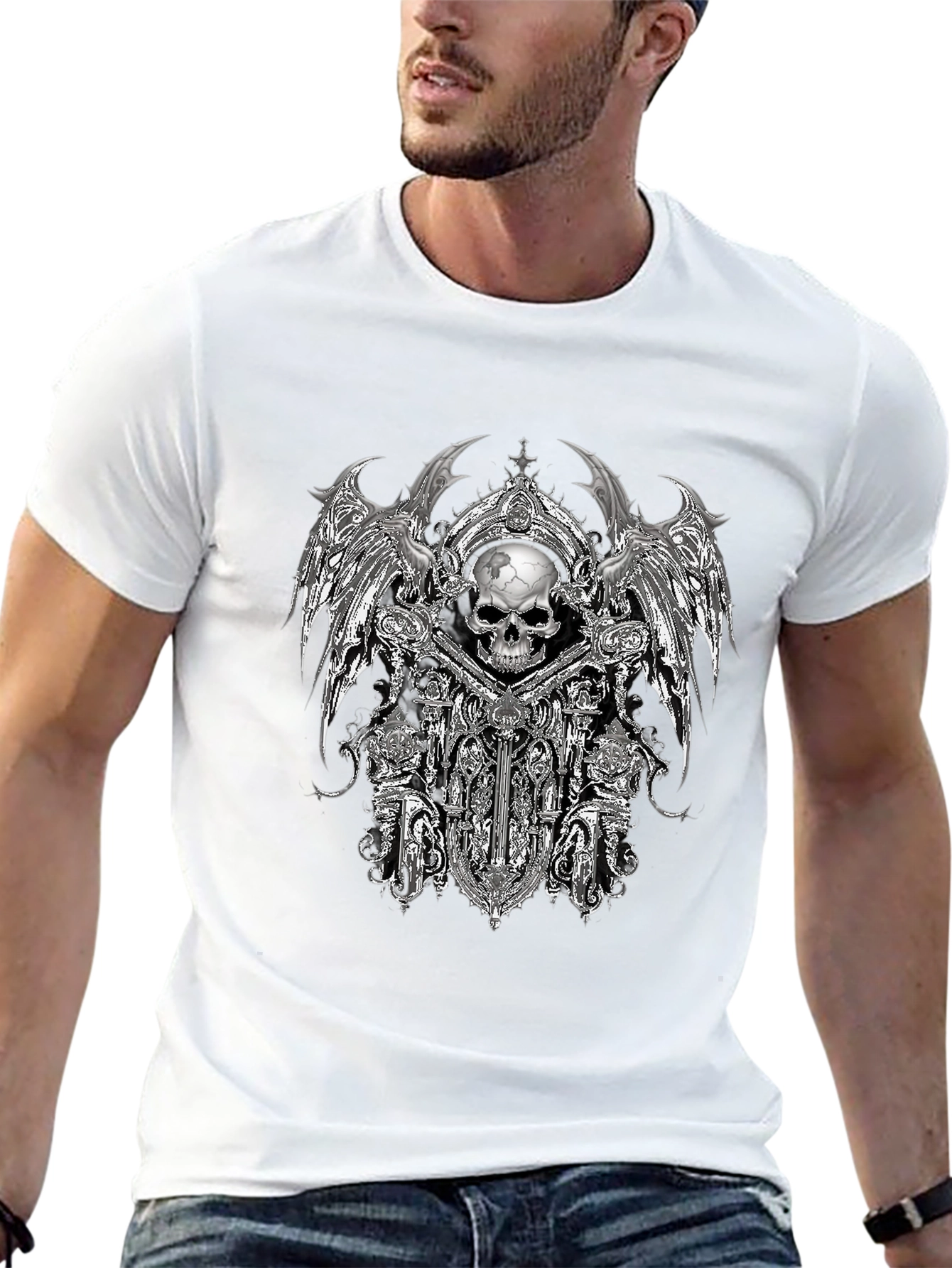 Gothic Skull & Wings Graphic Tee - Black