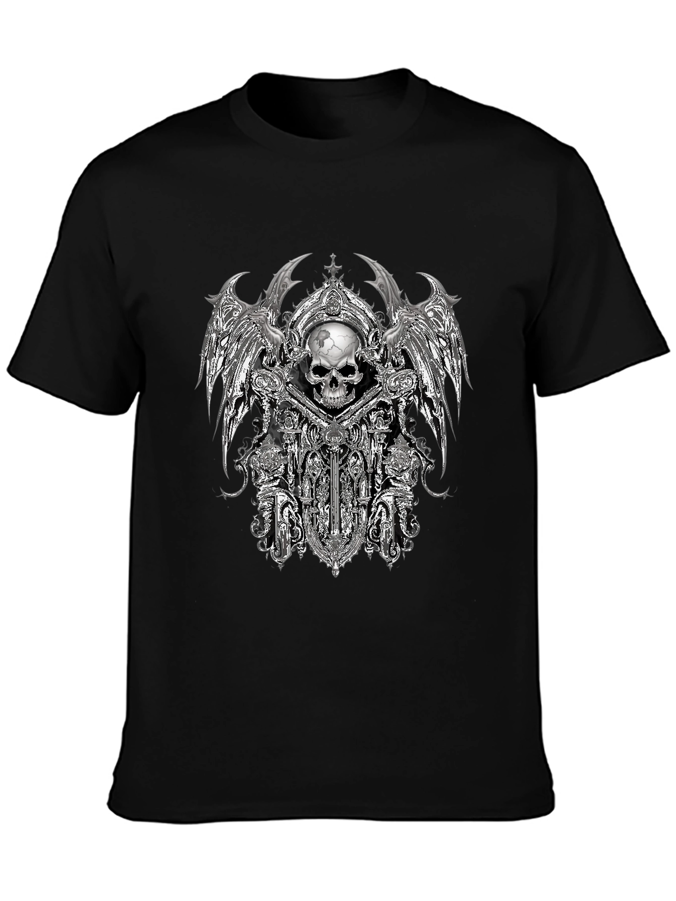 Gothic Skull & Wings Graphic Tee - Black