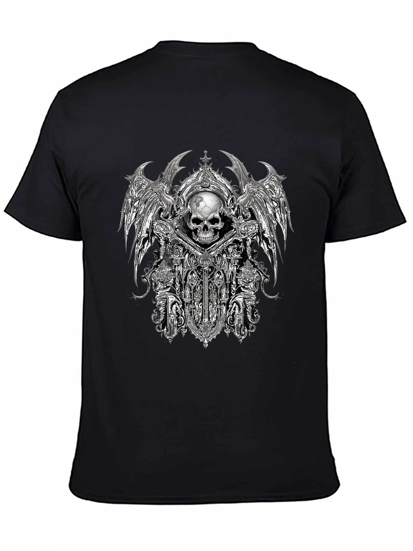Gothic Skull & Wings Graphic Tee - Black