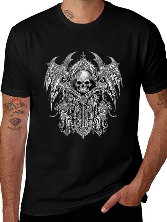 Gothic Skull & Wings Graphic Tee - Black