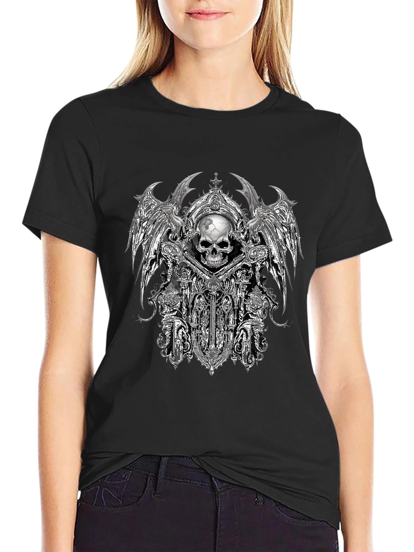 Gothic Skull & Wings Graphic Tee - Black