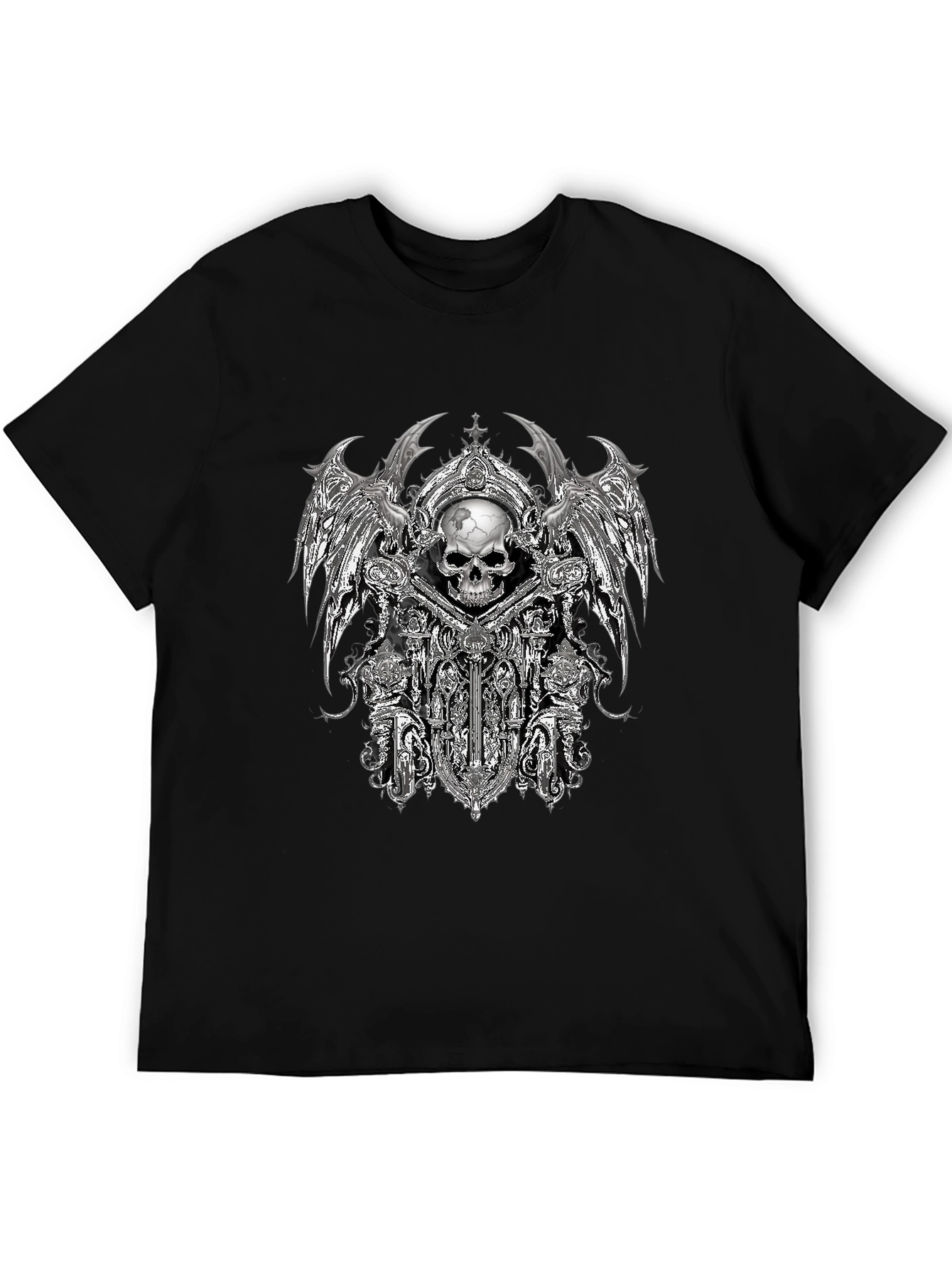 Gothic Skull & Wings Graphic Tee - Black