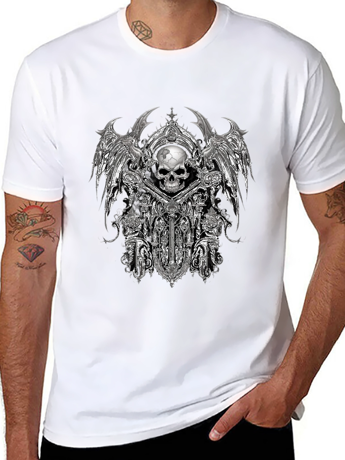 Gothic Skull & Wings Graphic Tee - Black