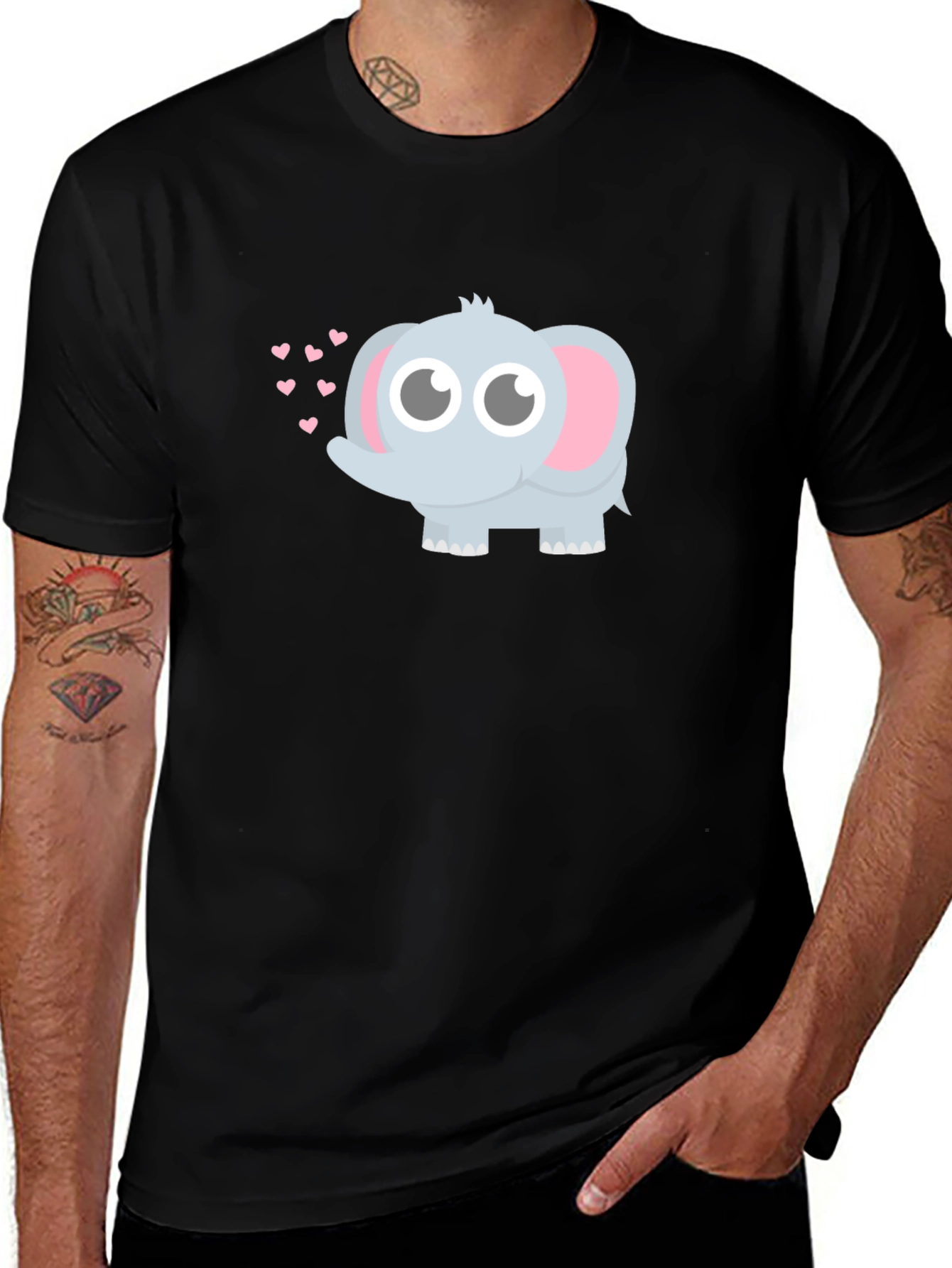 Cute Elephant Heart Graphic Black T-Shirt