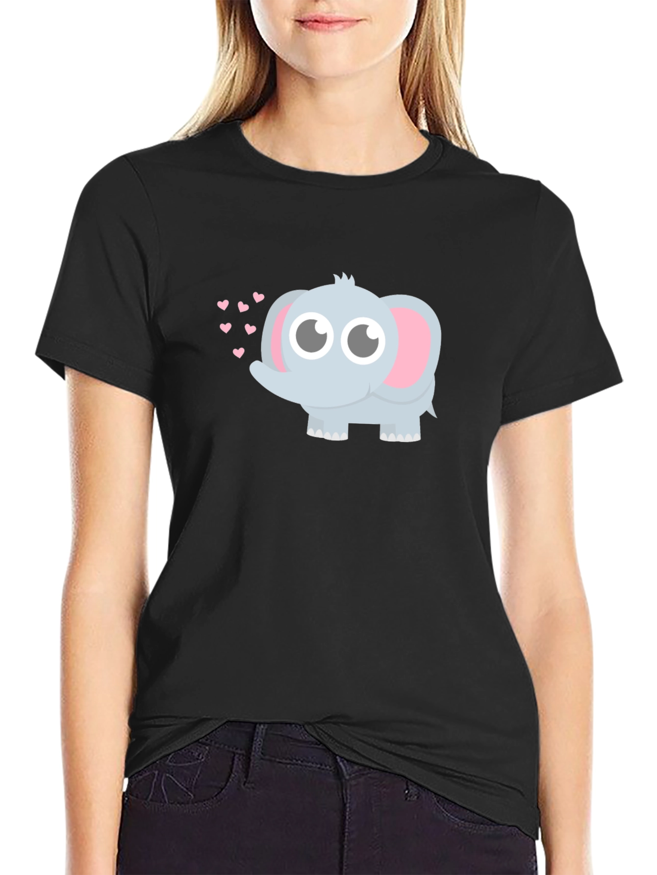 Cute Elephant Heart Graphic Black T-Shirt
