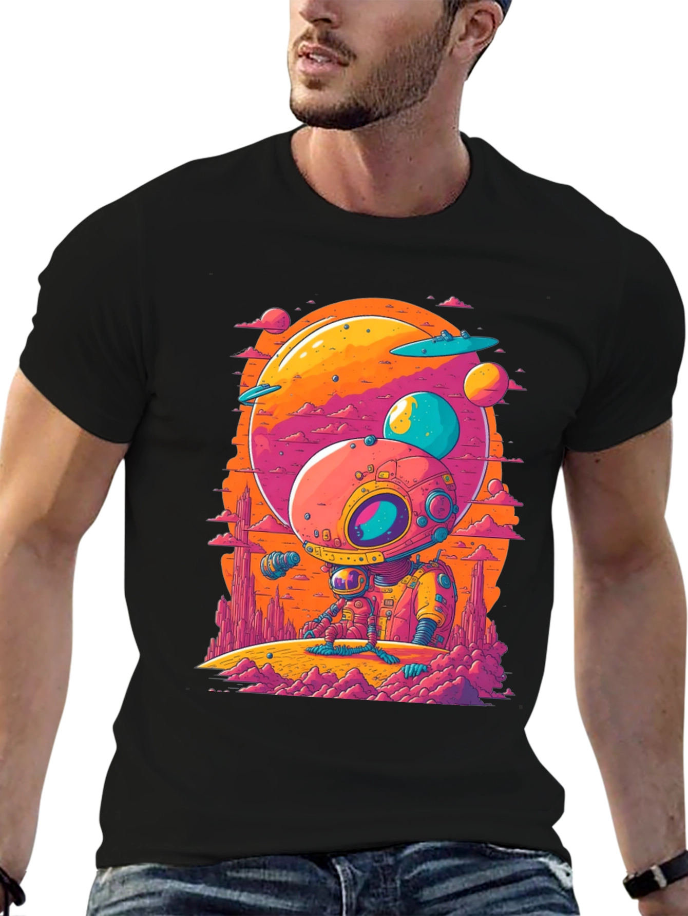 Retro Space Explorer Black T-Shirt