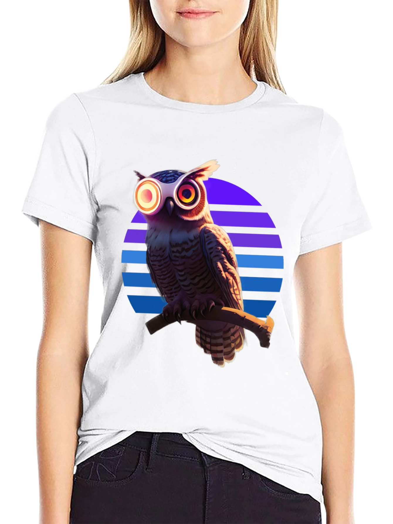 Retro Owl T-Shirt: Geometric Sunset Design