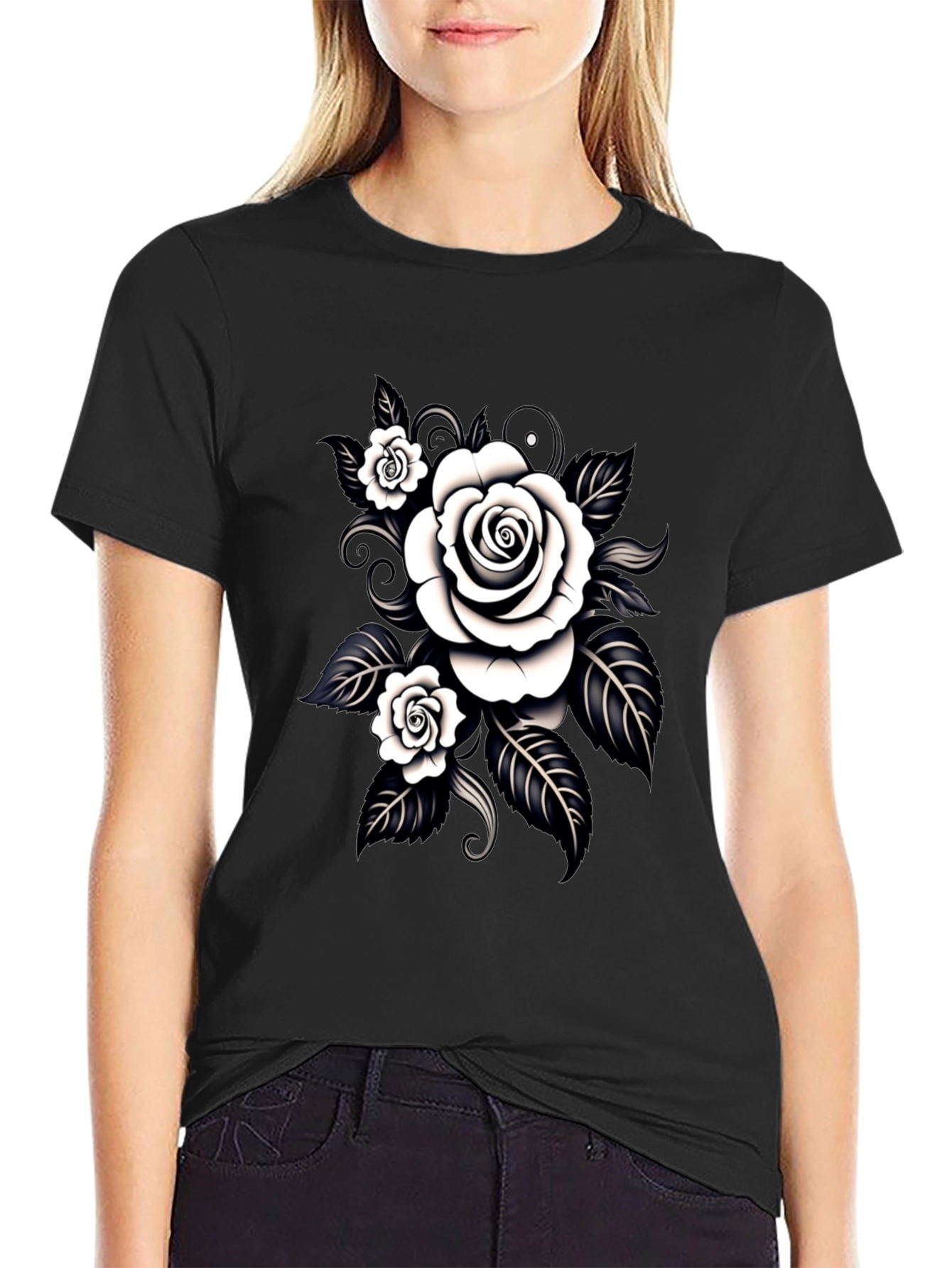 Black T-Shirt with White Rose Graphic Design