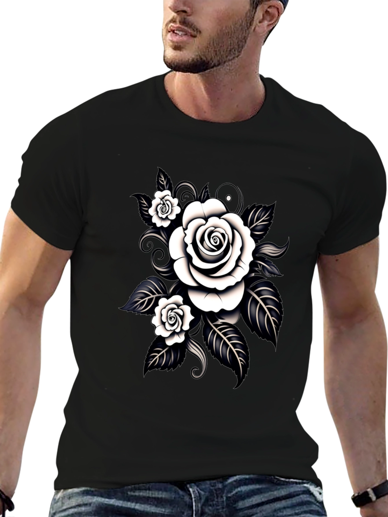 Black T-Shirt with White Rose Graphic Design