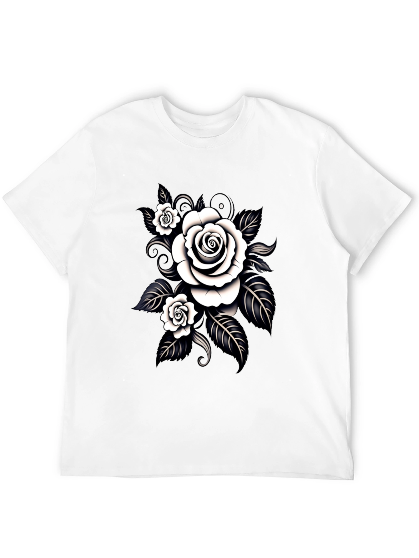 Black T-Shirt with White Rose Graphic Design