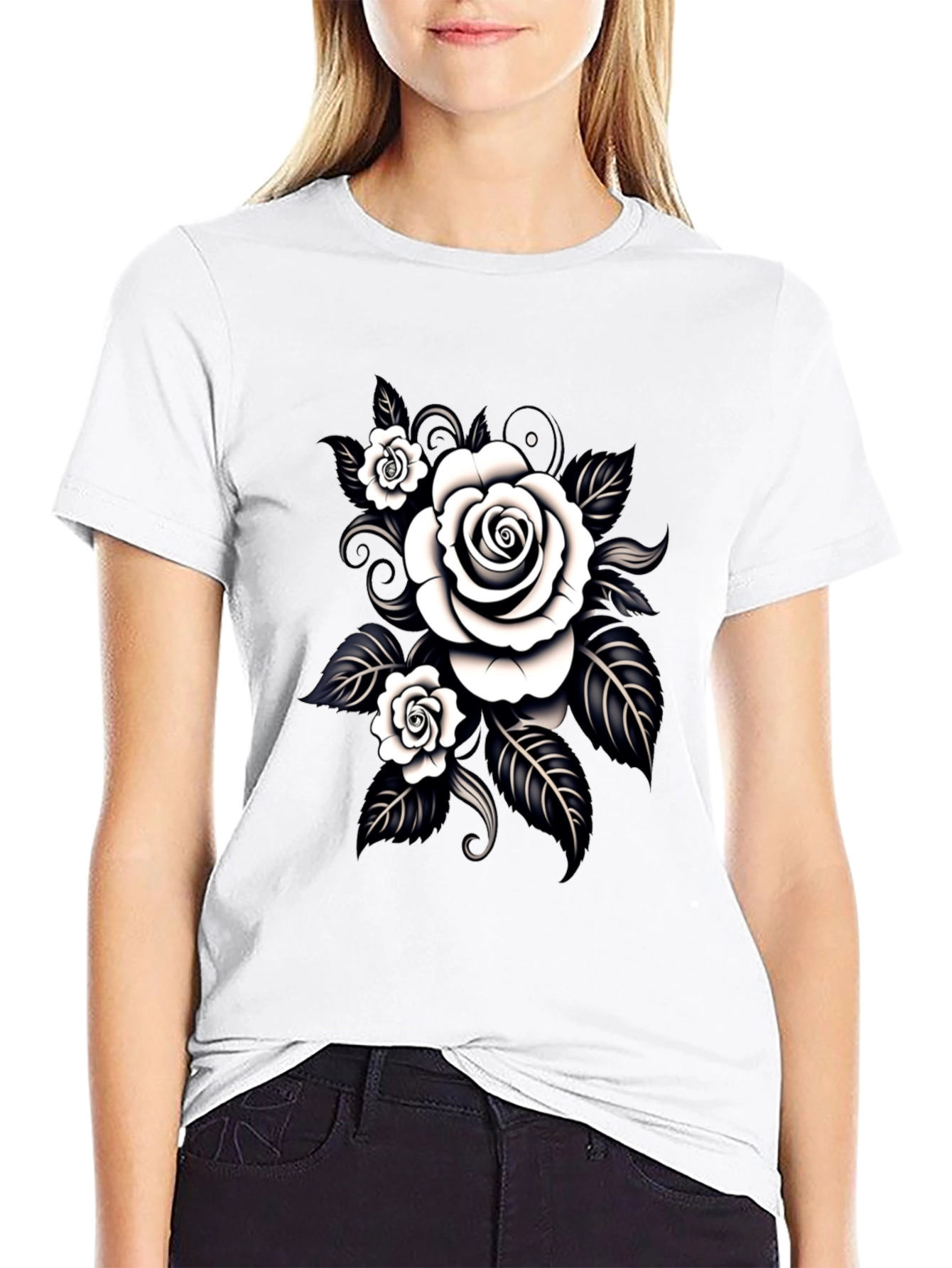 Black T-Shirt with White Rose Graphic Design
