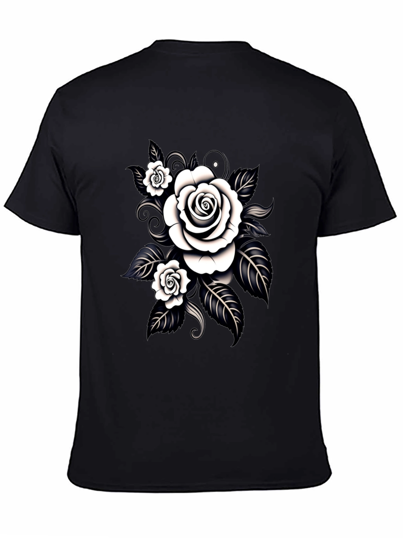 Black T-Shirt with White Rose Graphic Design