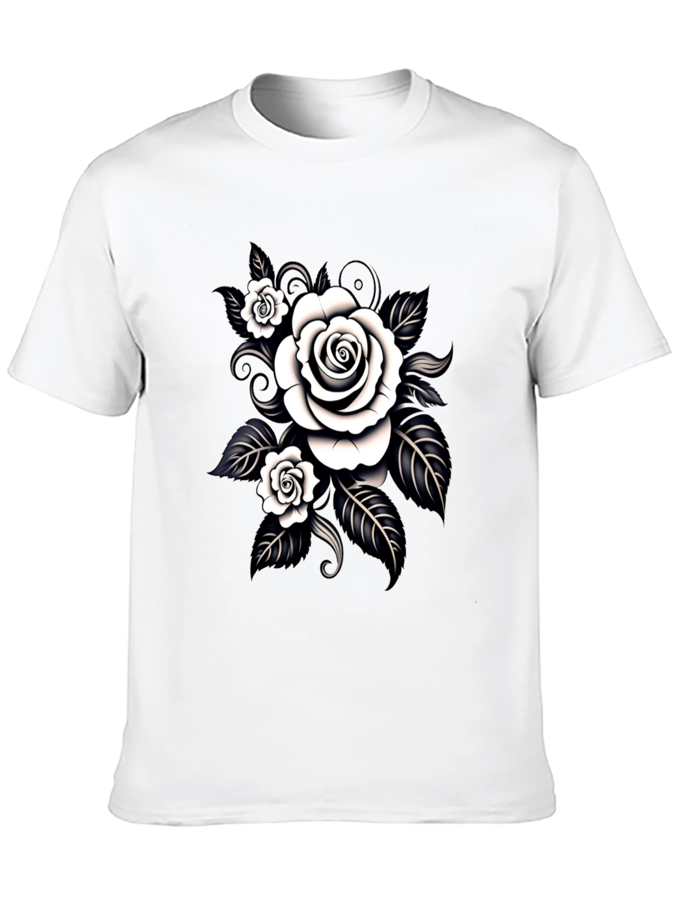 Black T-Shirt with White Rose Graphic Design