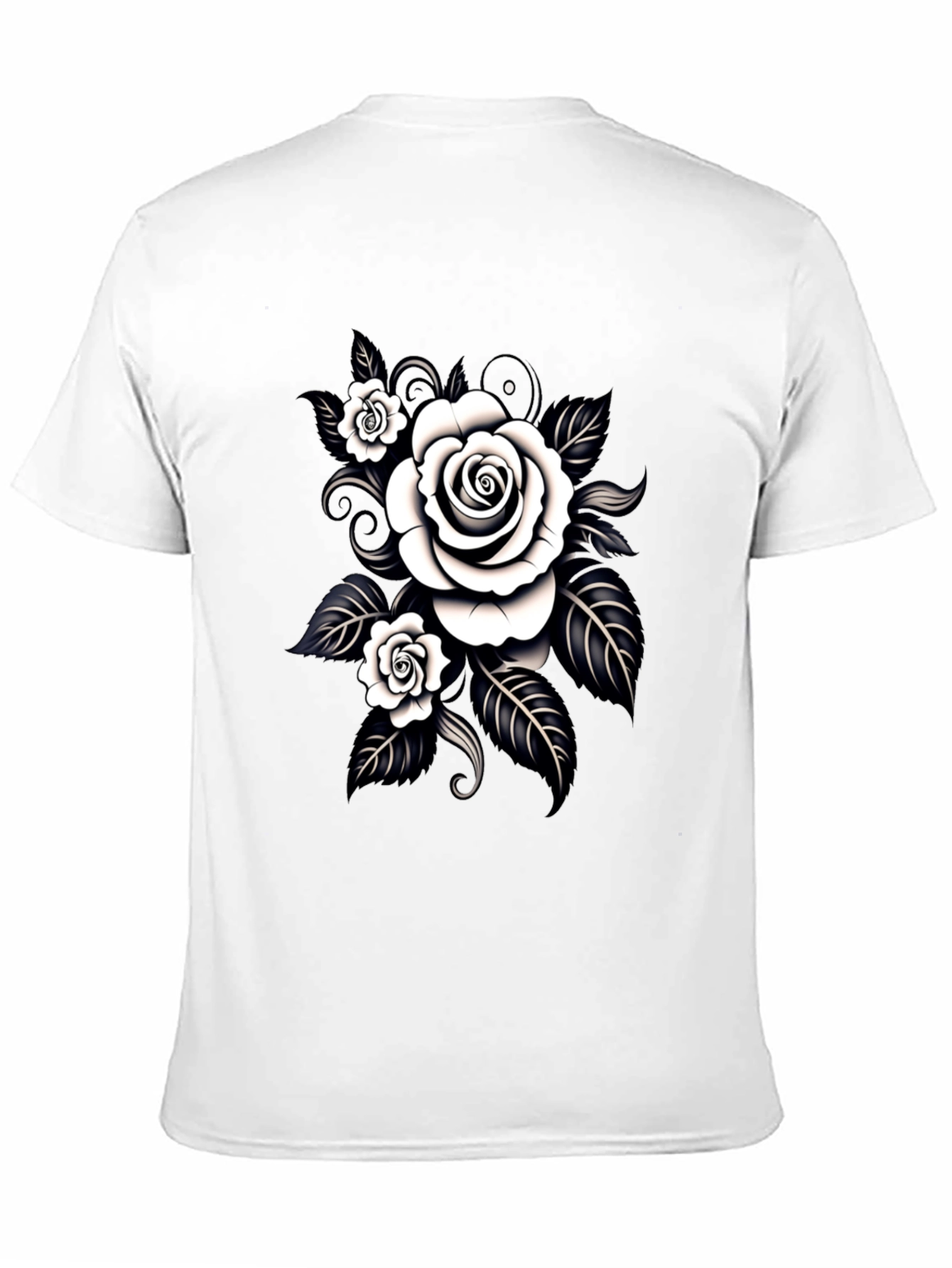Black T-Shirt with White Rose Graphic Design