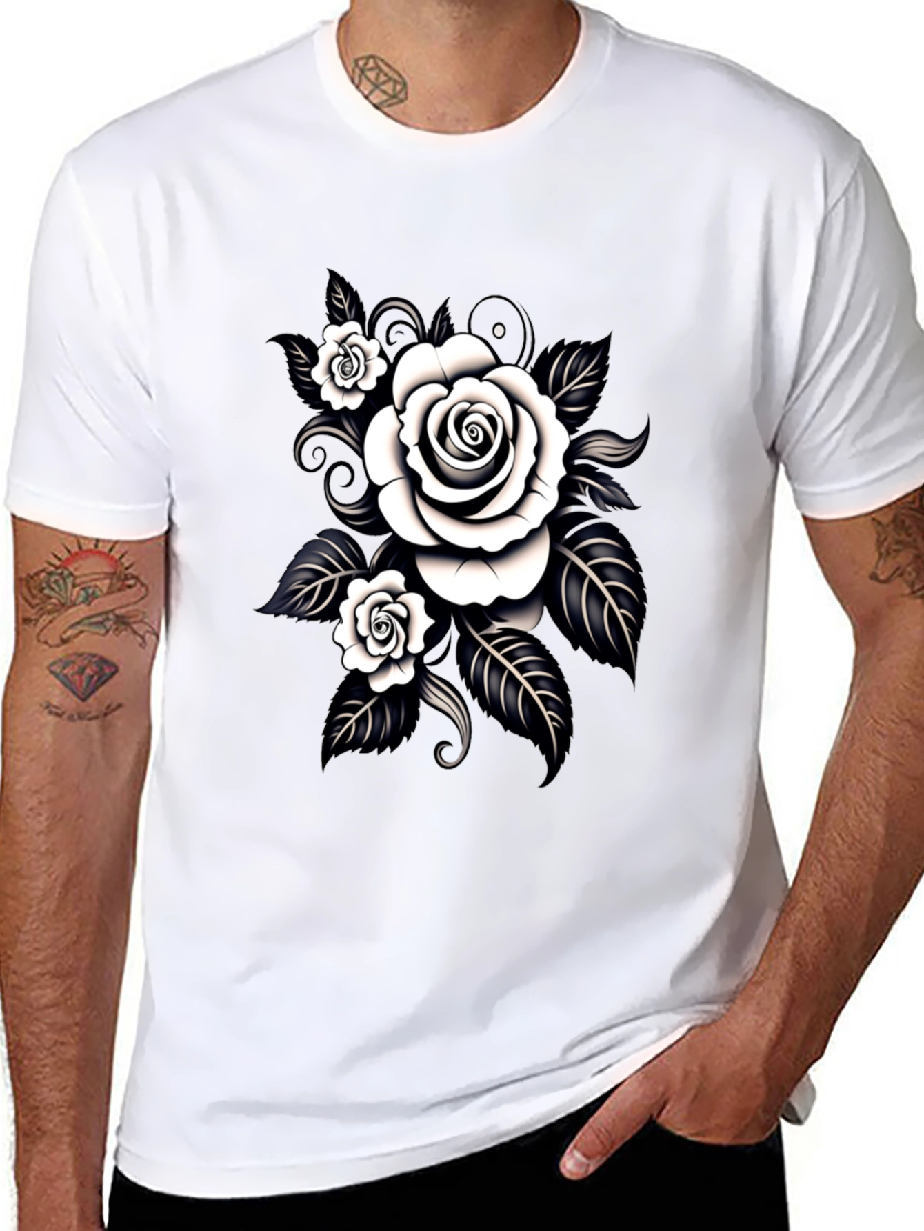 Black T-Shirt with White Rose Graphic Design