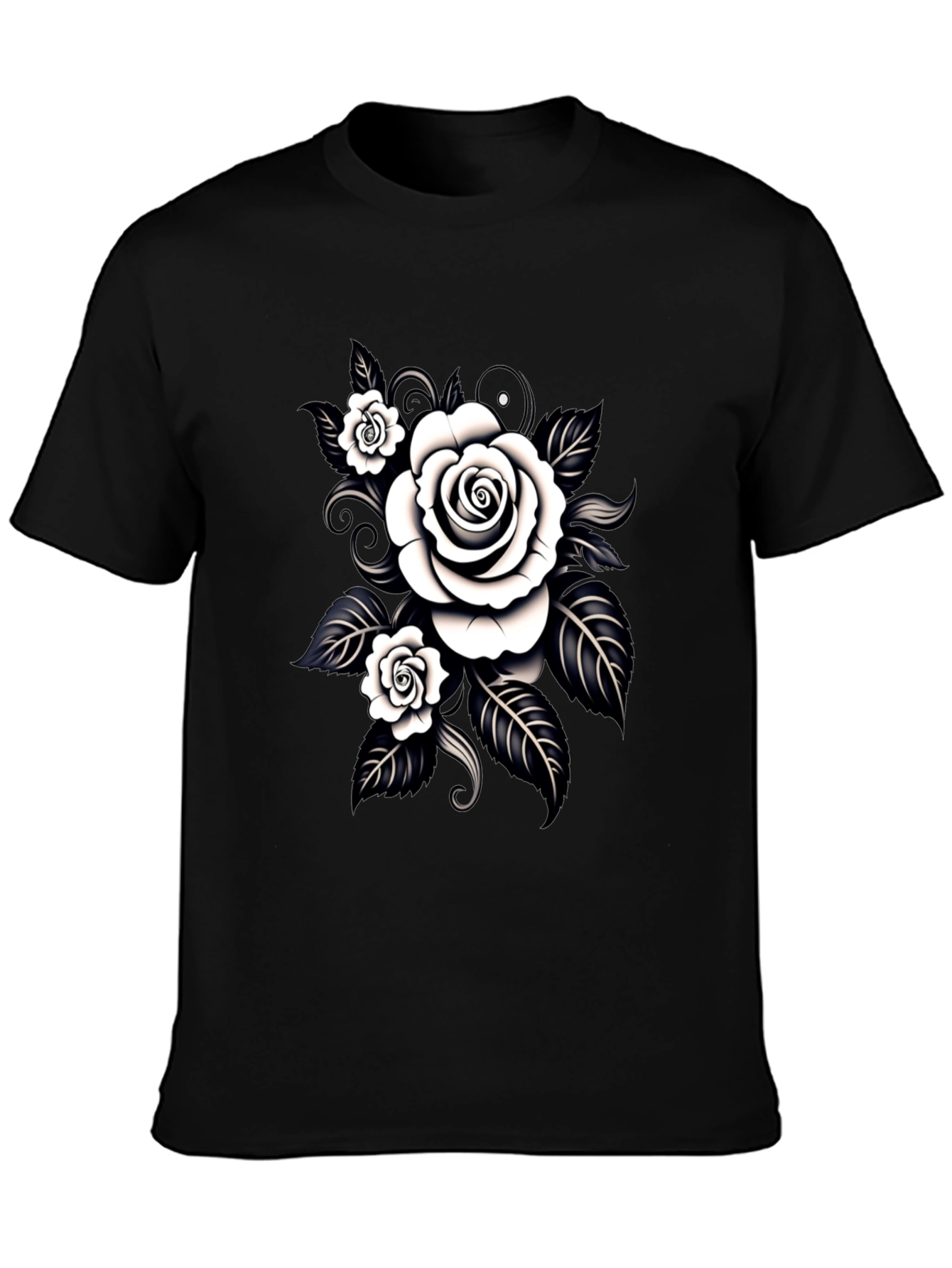 Black T-Shirt with White Rose Graphic Design