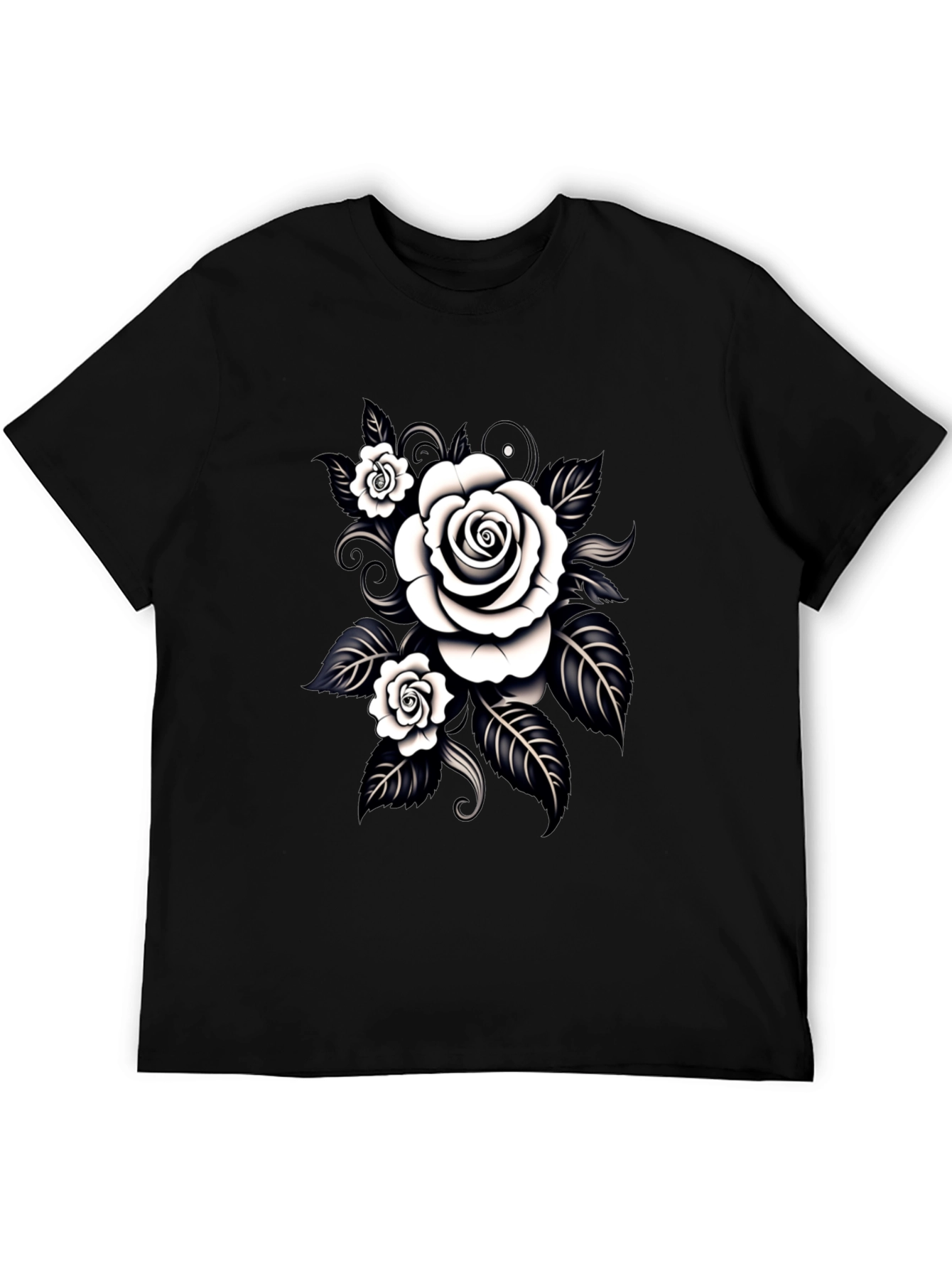 Black T-Shirt with White Rose Graphic Design