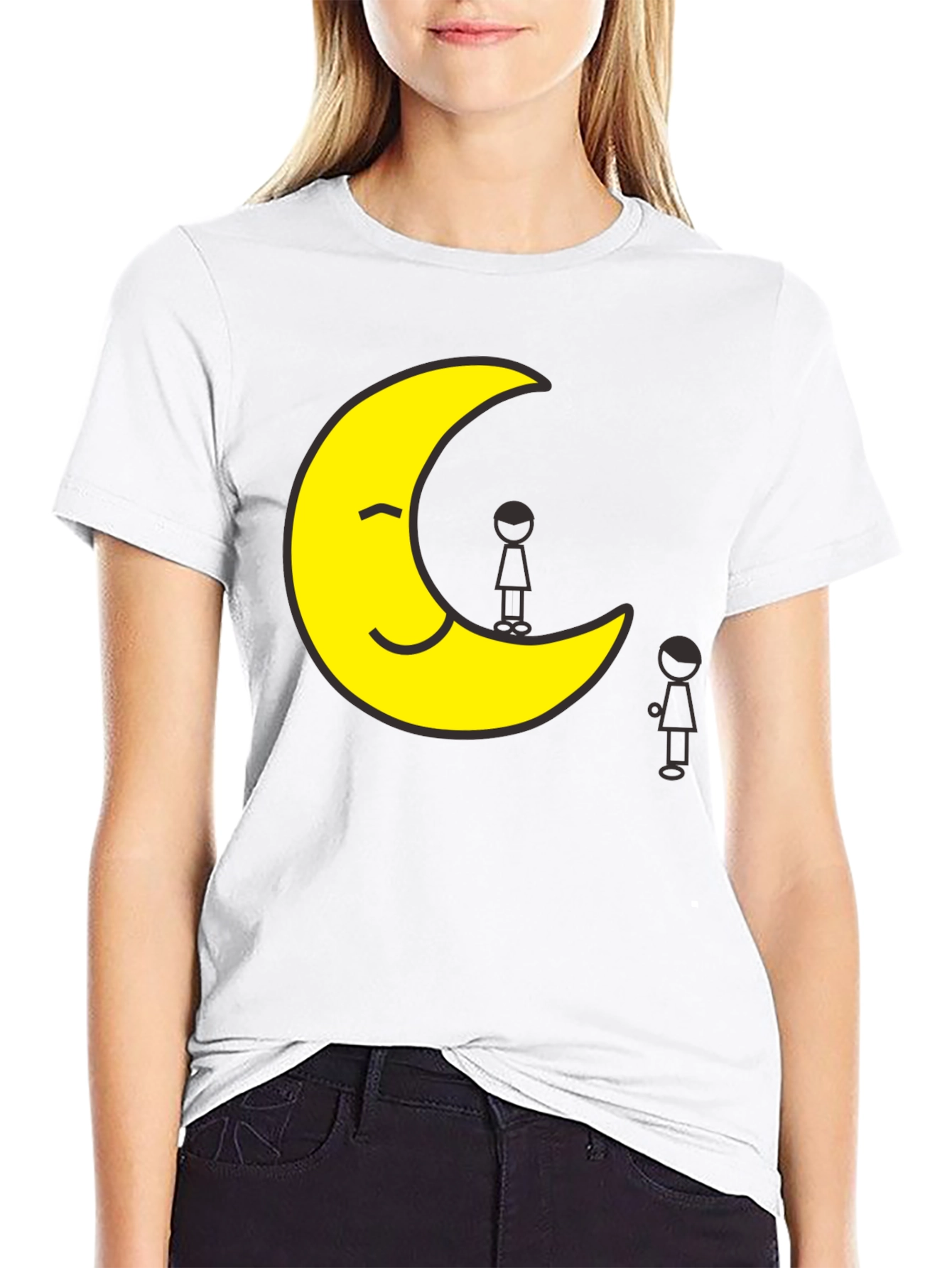 Smiling Moon T-Shirt Unisex Black Tee Cartoon Graphic Print