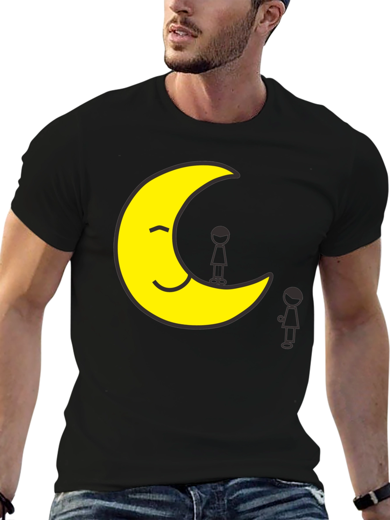 Smiling Moon T-Shirt Unisex Black Tee Cartoon Graphic Print