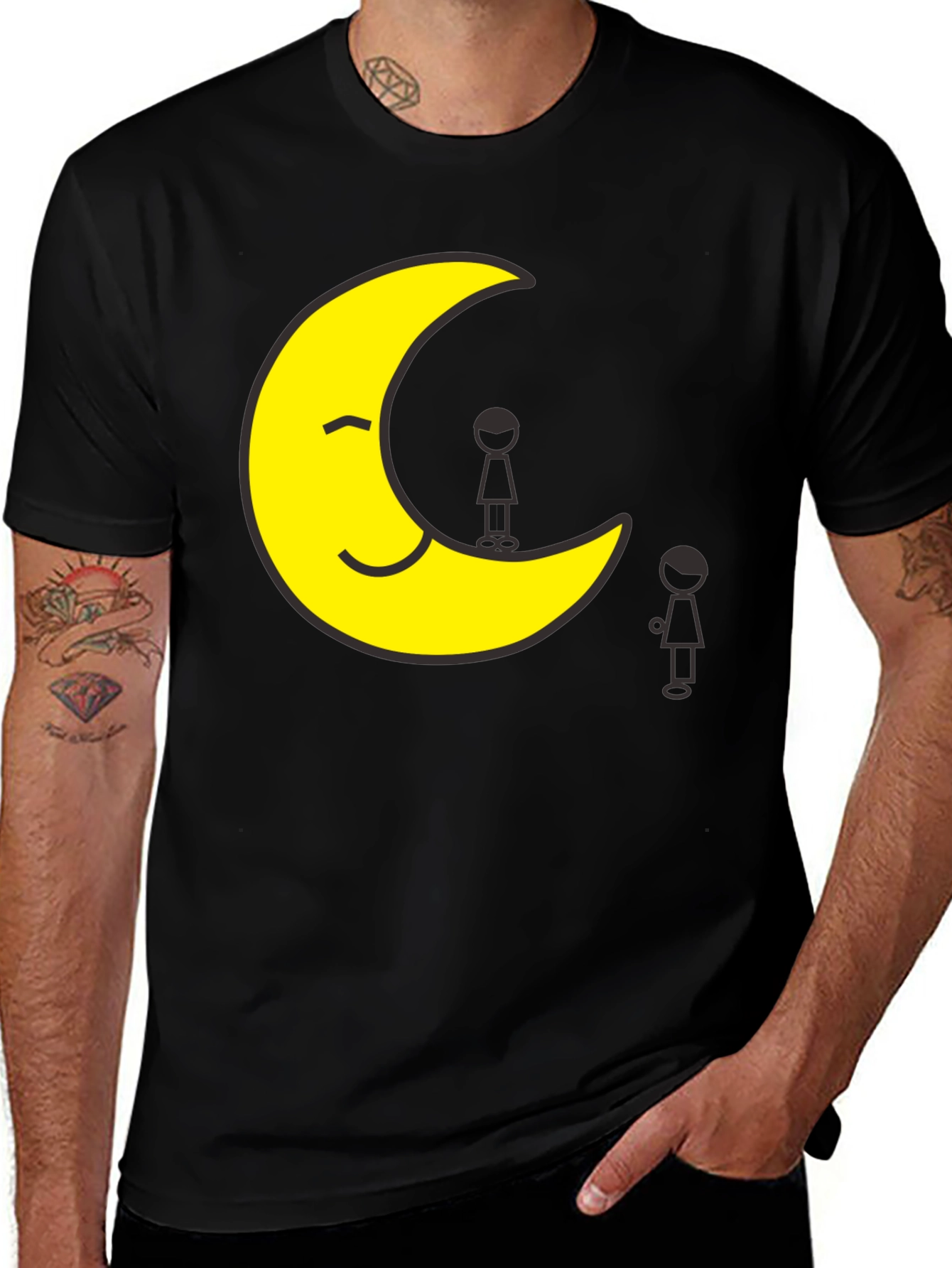 Smiling Moon T-Shirt Unisex Black Tee Cartoon Graphic Print