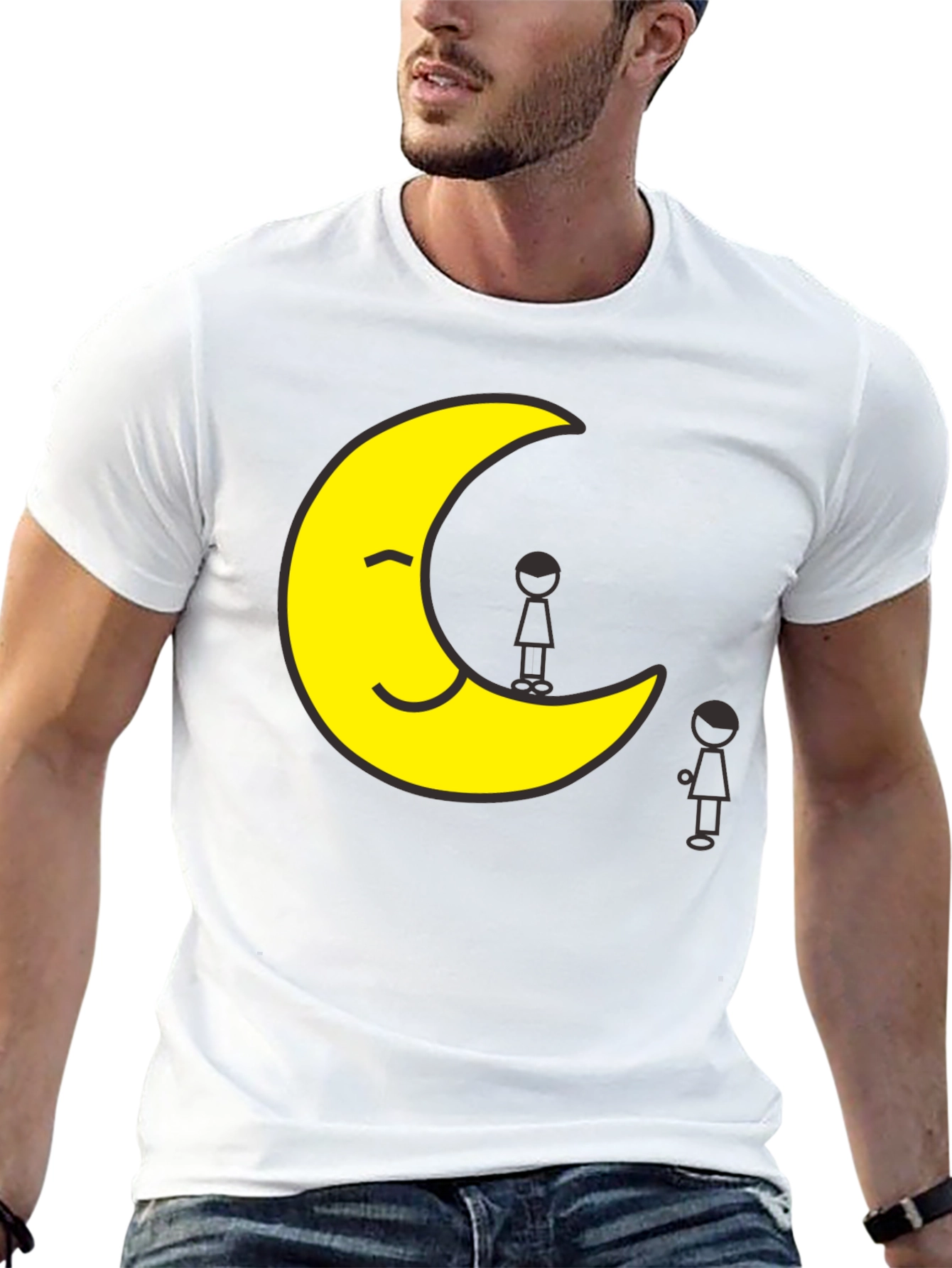 Smiling Moon T-Shirt Unisex Black Tee Cartoon Graphic Print