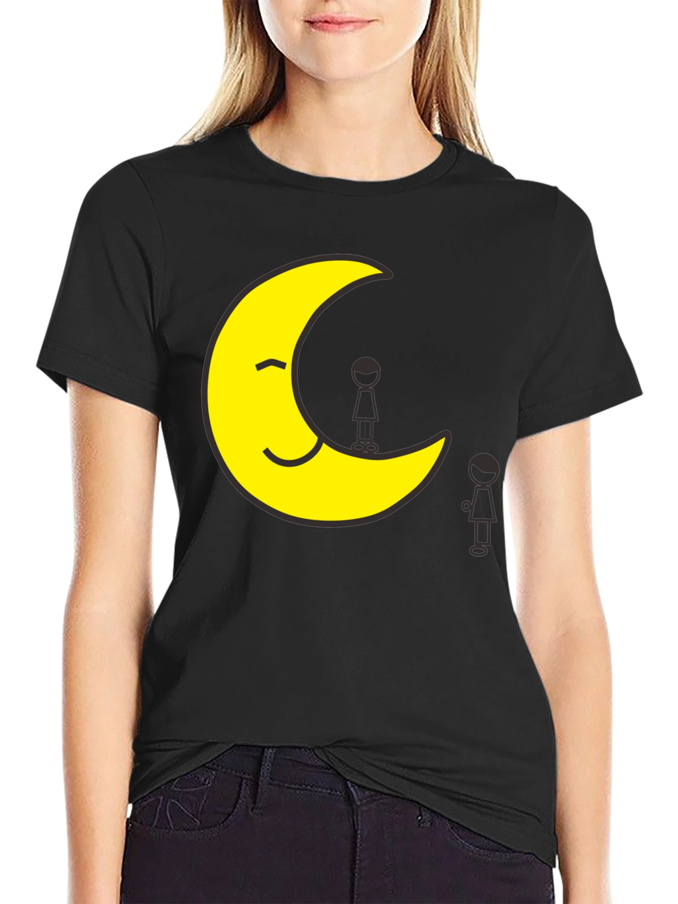 Smiling Moon T-Shirt Unisex Black Tee Cartoon Graphic Print