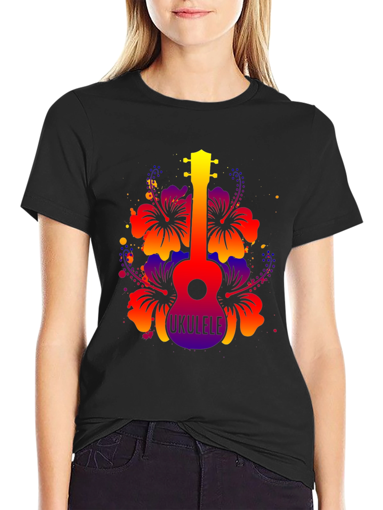 Vibrant Ukulele Hibiscus Graphic Tee