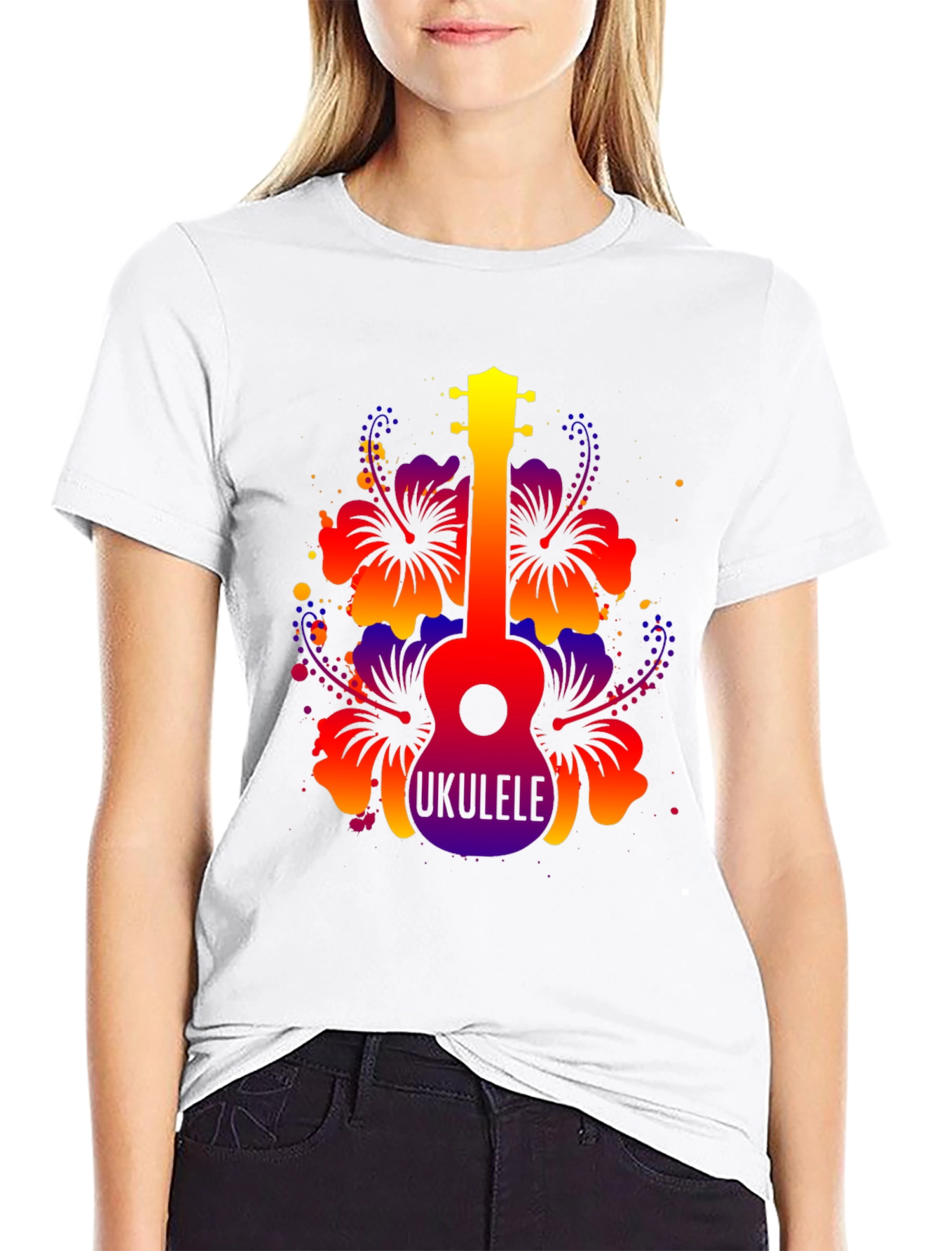 Vibrant Ukulele Hibiscus Graphic Tee