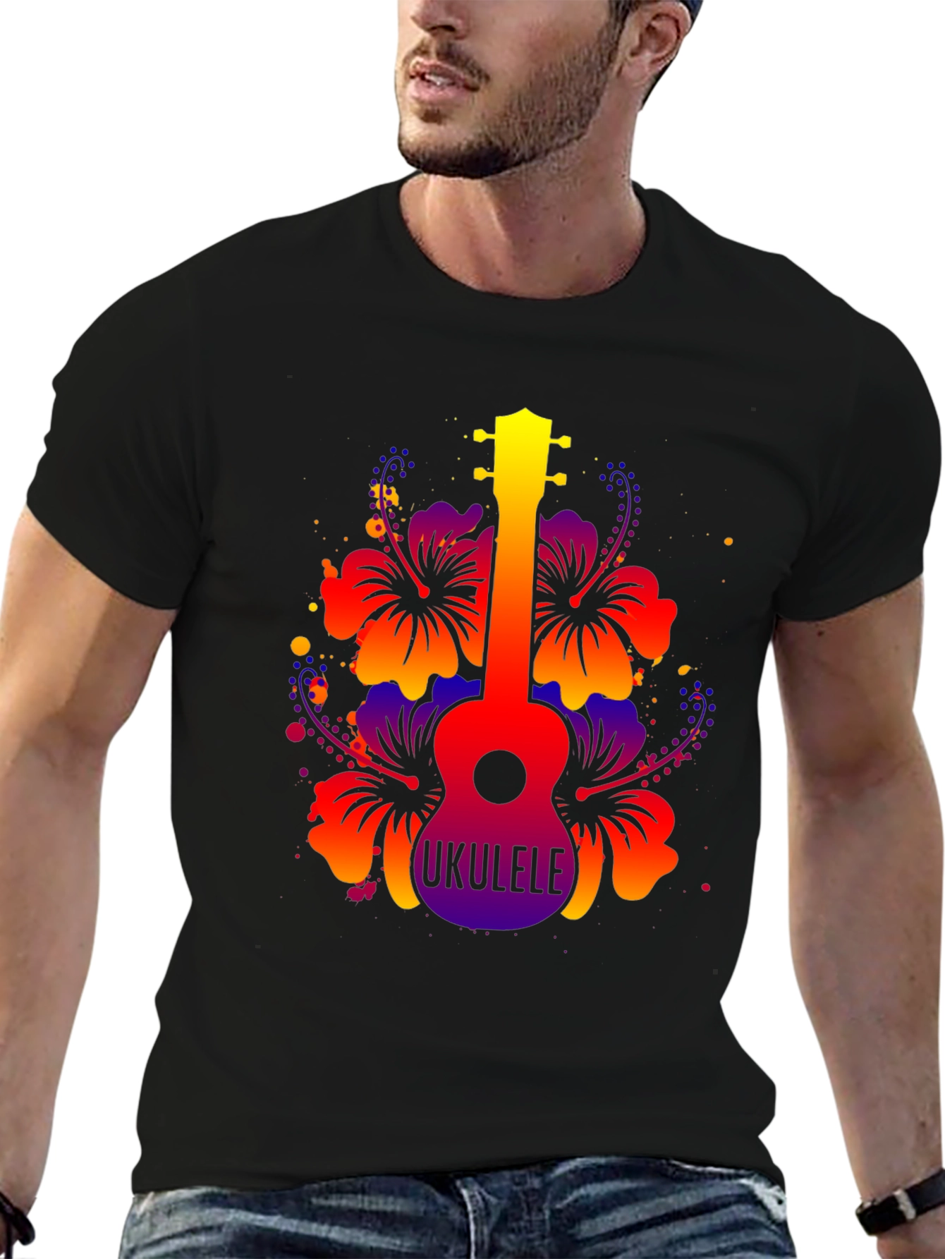Vibrant Ukulele Hibiscus Graphic Tee