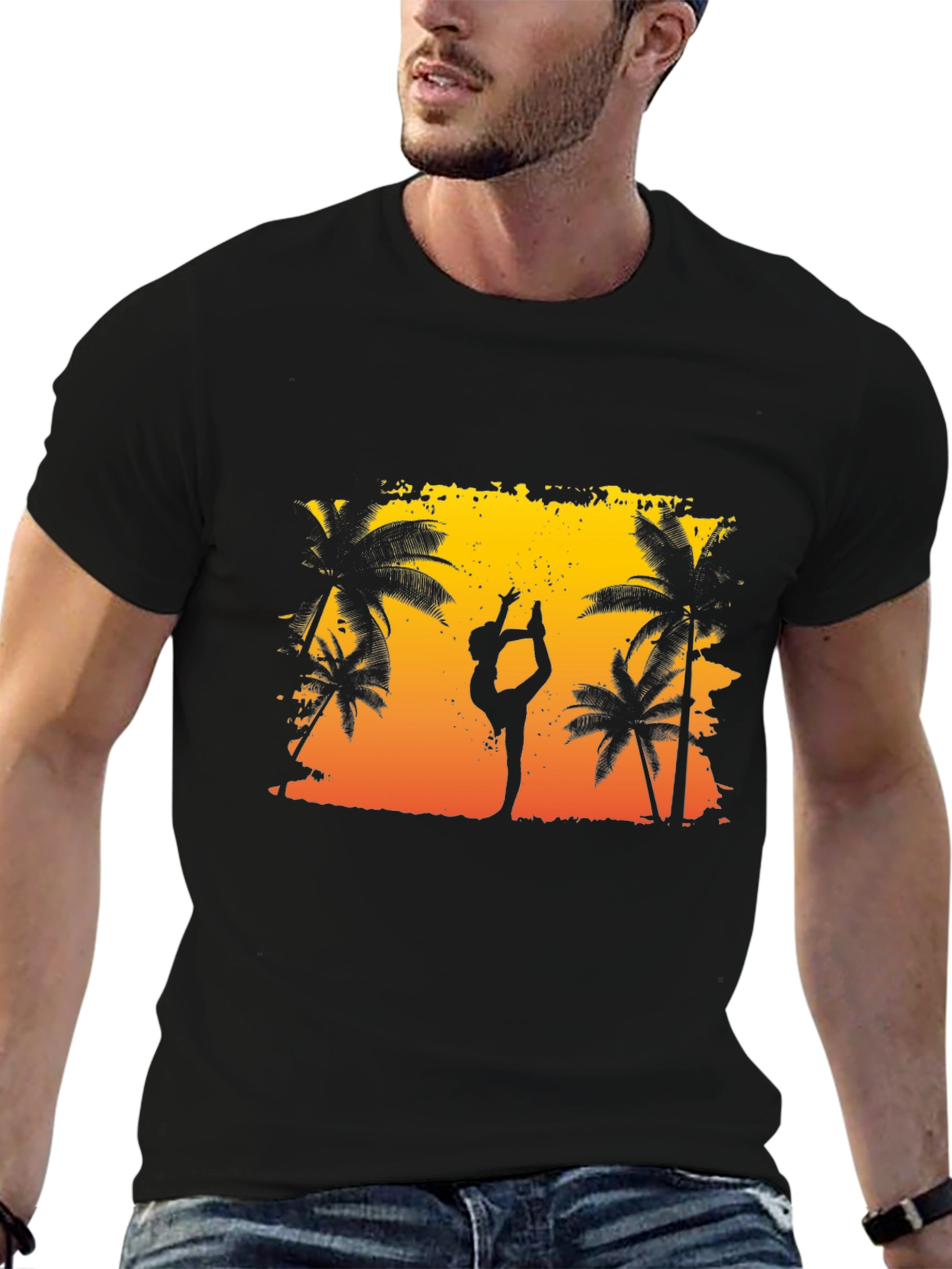 Silhouette Yoga Palm Tree Sunset Black T-Shirt